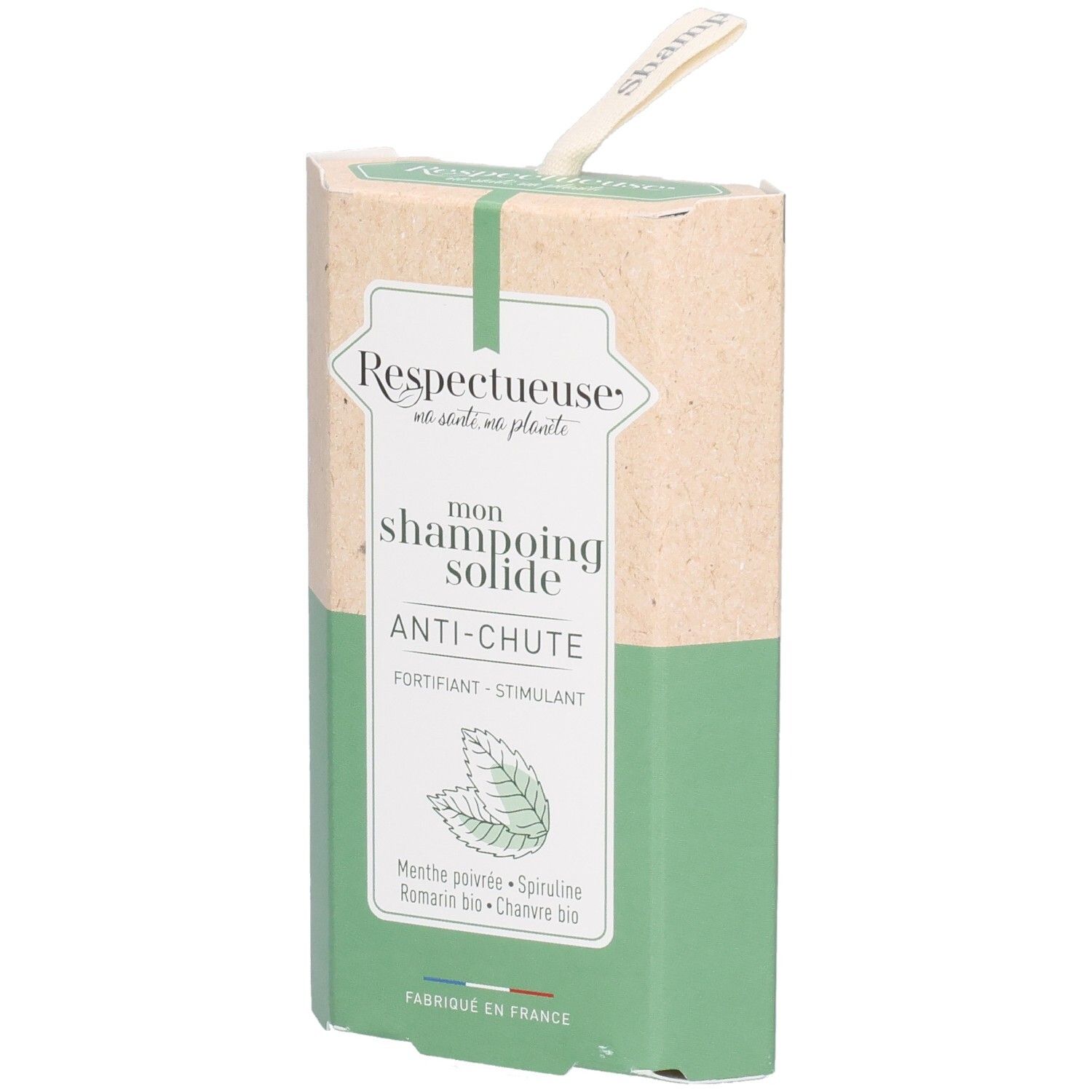 Emballage cartonné avec étiquette produit. Inscription: RESPECTUEUSE, mon shampoing solide ANTI-CHUTE. Combinaison de couleurs vert et beige.