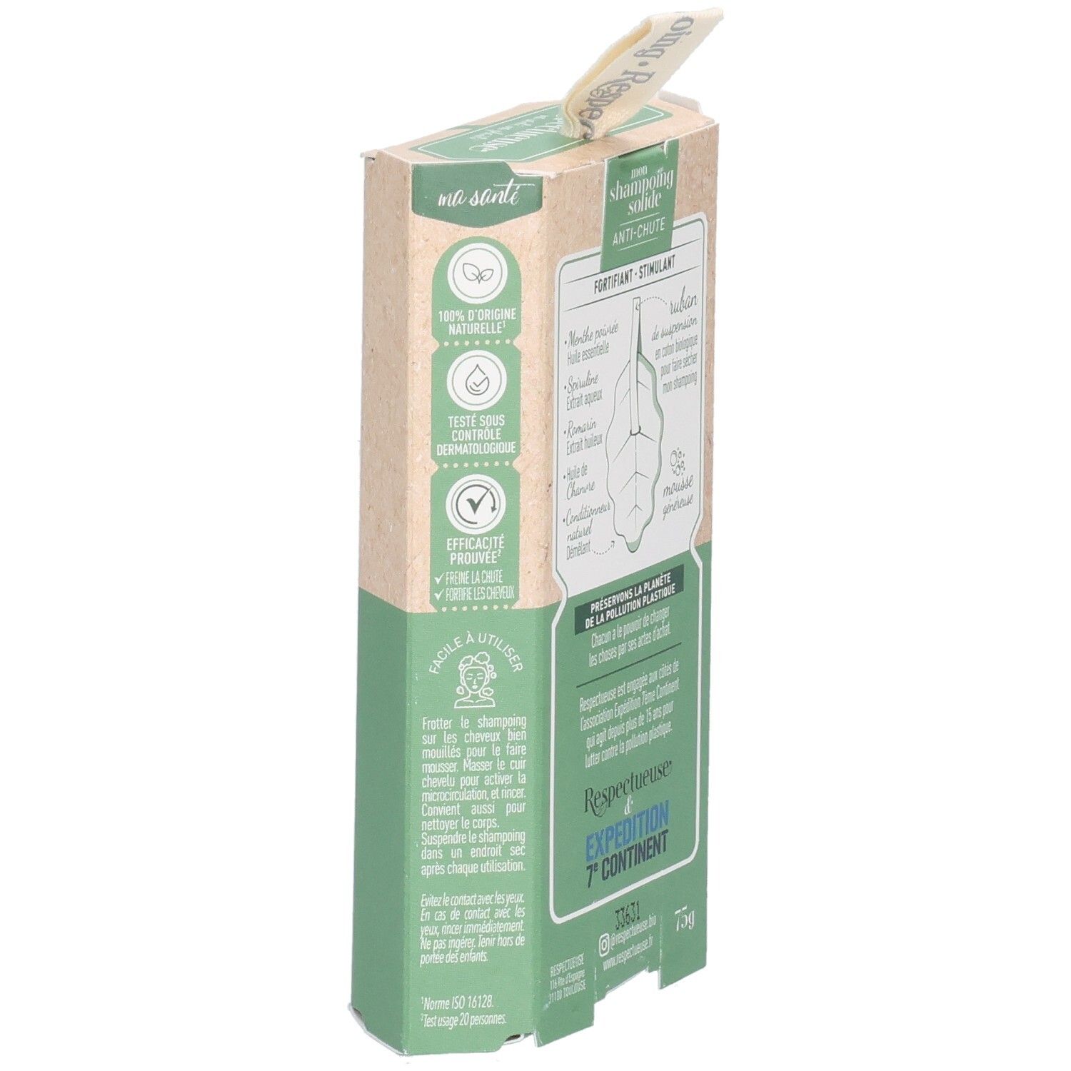 Dos de l'emballage carton. Texte et illustrations. Inscription: RESPECTUEUSE, Expedition 7e continent. Combinaison de couleurs vert et beige.