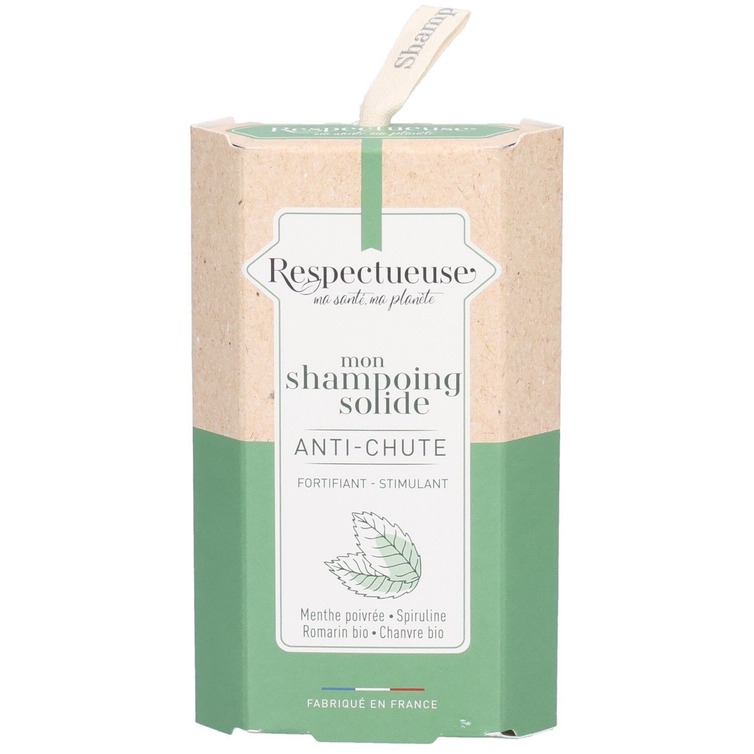 Emballage cartonné avec étiquette produit. Inscription: RESPECTUEUSE, mon shampoing solide ANTI-CHUTE. Combinaison de couleurs vert et beige.