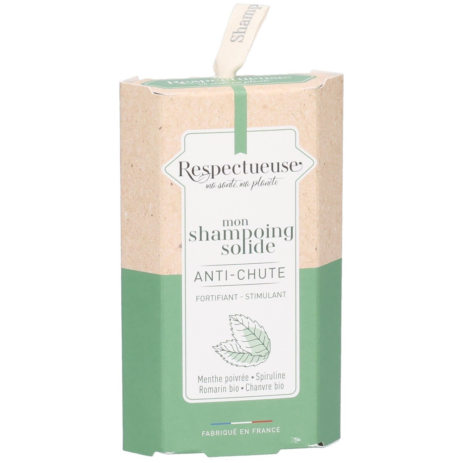 Emballage cartonné avec étiquette produit. Inscription: RESPECTUEUSE, mon shampoing solide ANTI-CHUTE. Combinaison de couleurs vert et beige.