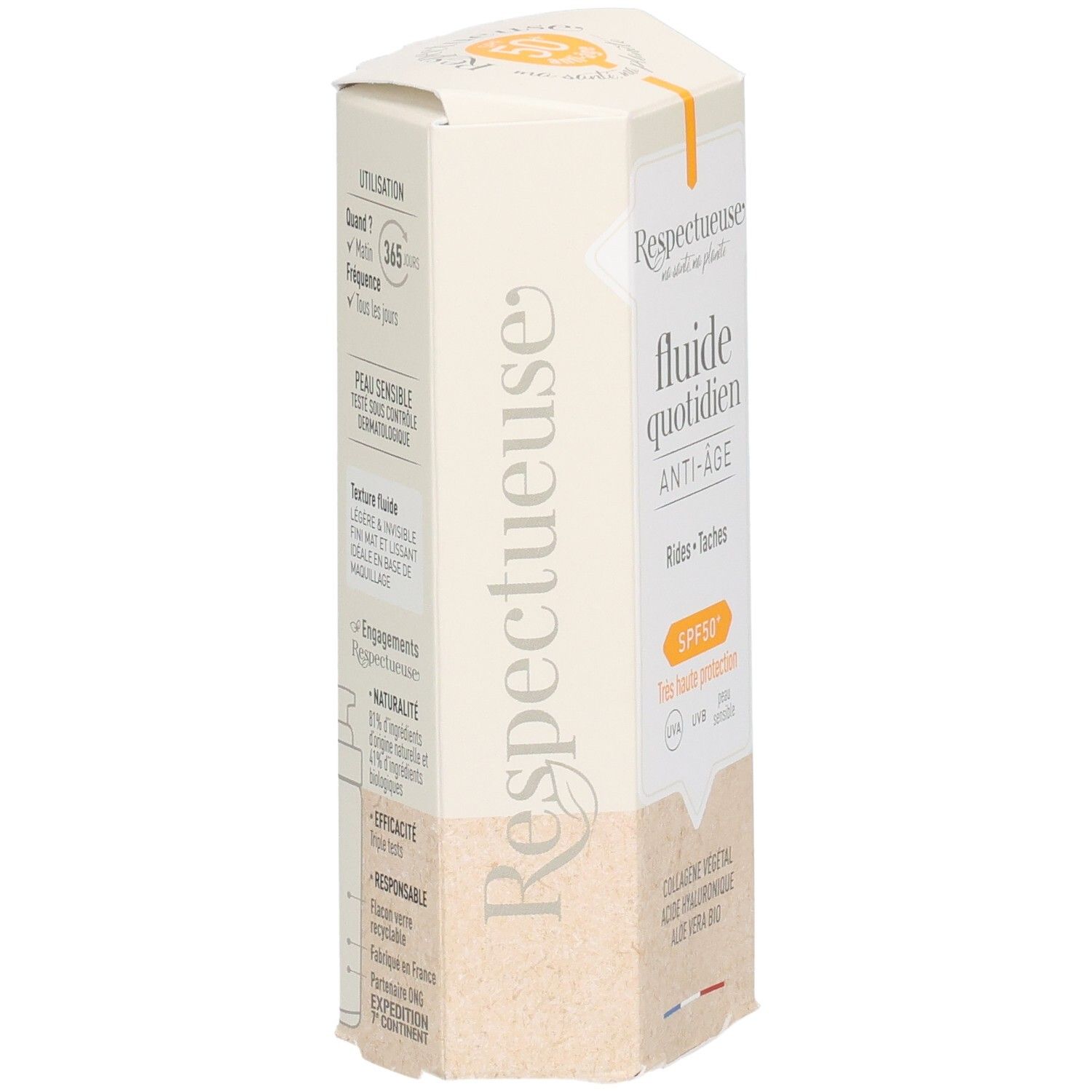 Emballage de protection visage. Texte: Fluide quotidien Anti-Âge, SPF50+. Marque: Respectueuse. Côté avec informations.