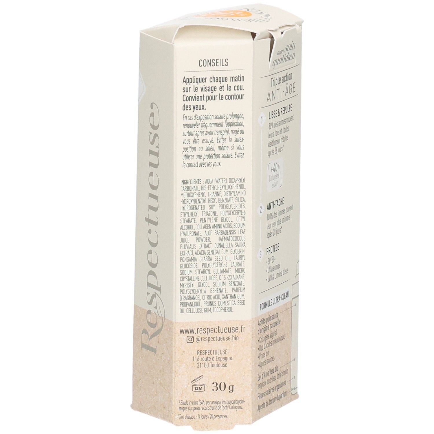 Emballage de protection visage. Texte: Ingrédients, conseils d'utilisation. Marque: Respectueuse. Poids: 30g.