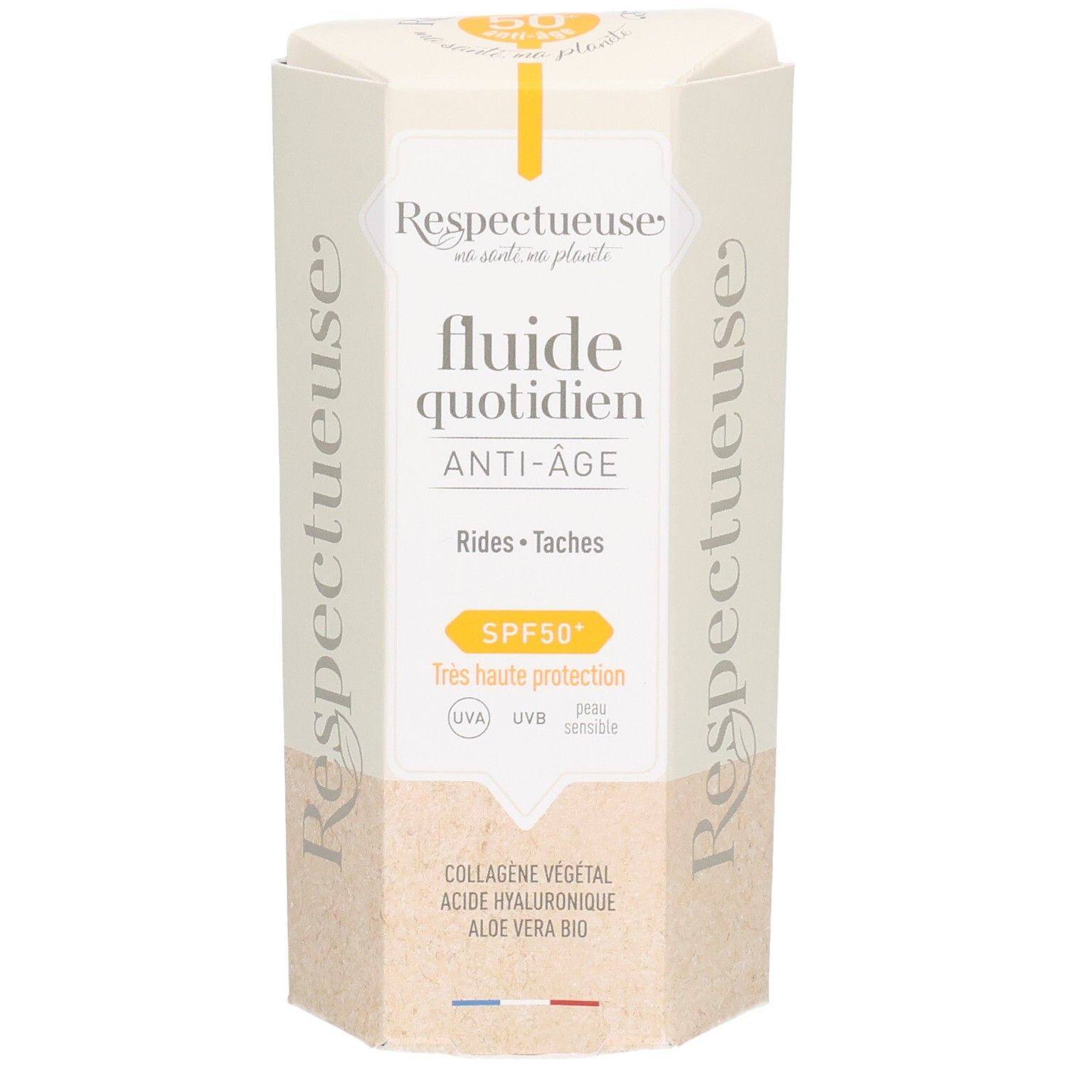 Emballage de protection visage. Texte: Fluide quotidien Anti-Âge, SPF50+. Marque: Respectueuse.