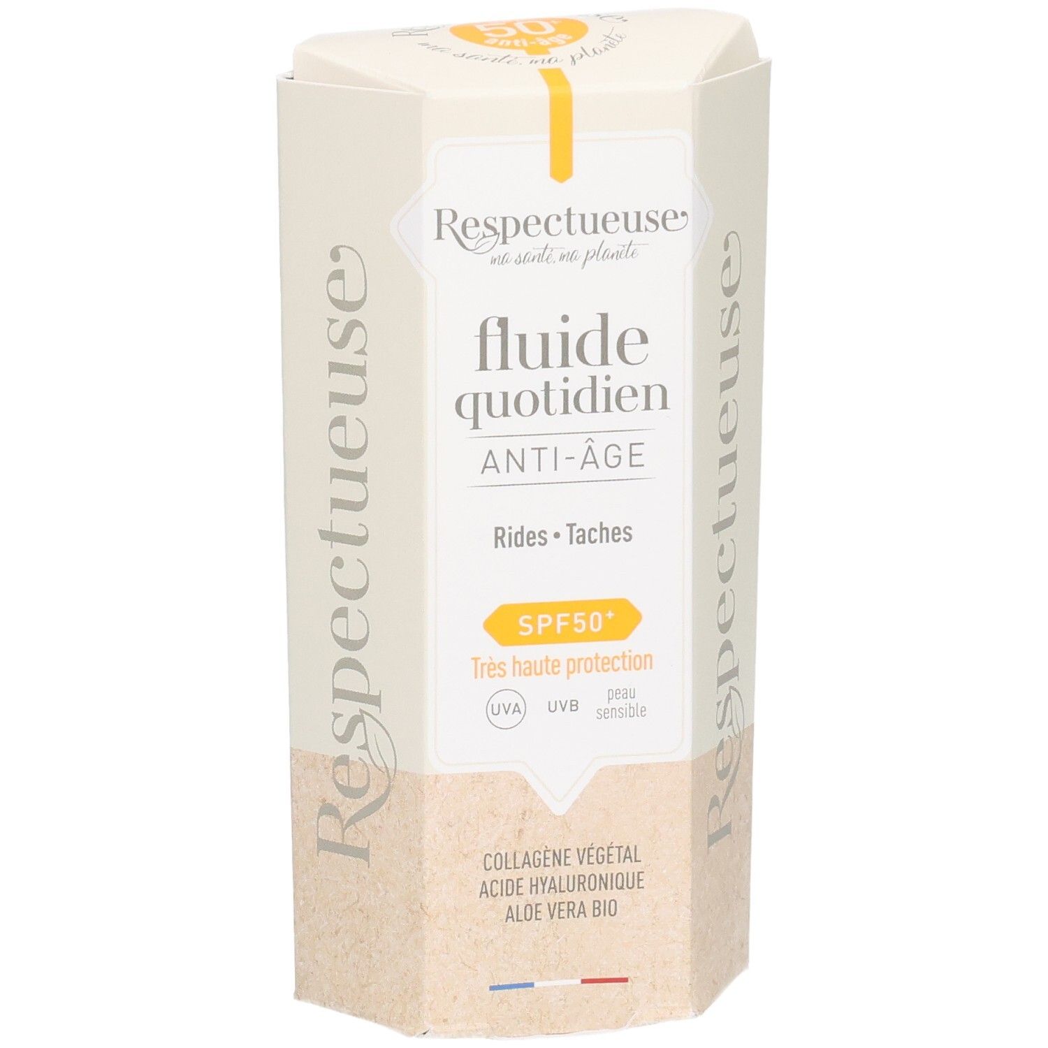 Emballage de protection visage. Texte: Fluide quotidien Anti-Âge, SPF50+. Marque: Respectueuse.
