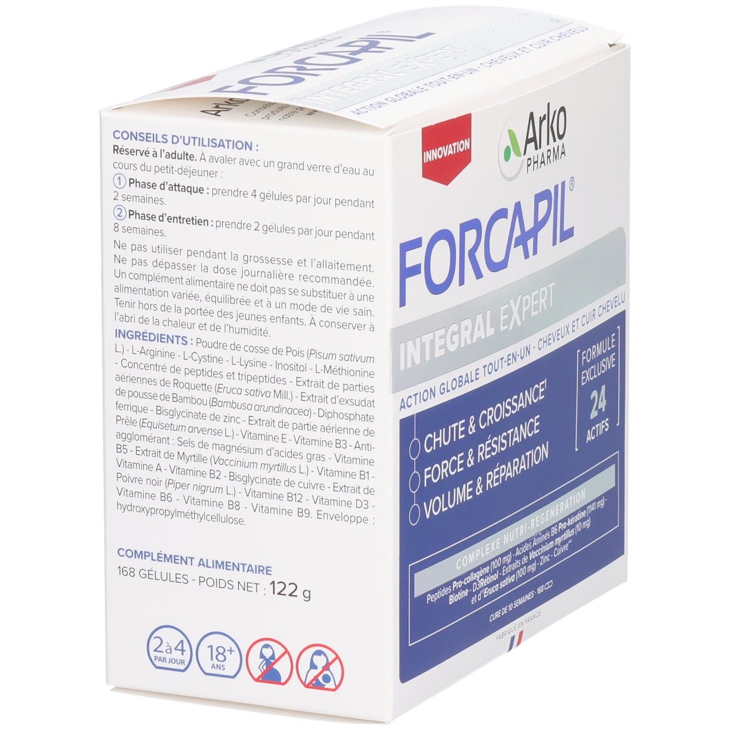 Dos de la boîte FORCAPIL INTEGRAL EXPERT. Ingrédients et conseils d'utilisation. 168 gélules, 122g. Pour adultes de 18 ans et plus.