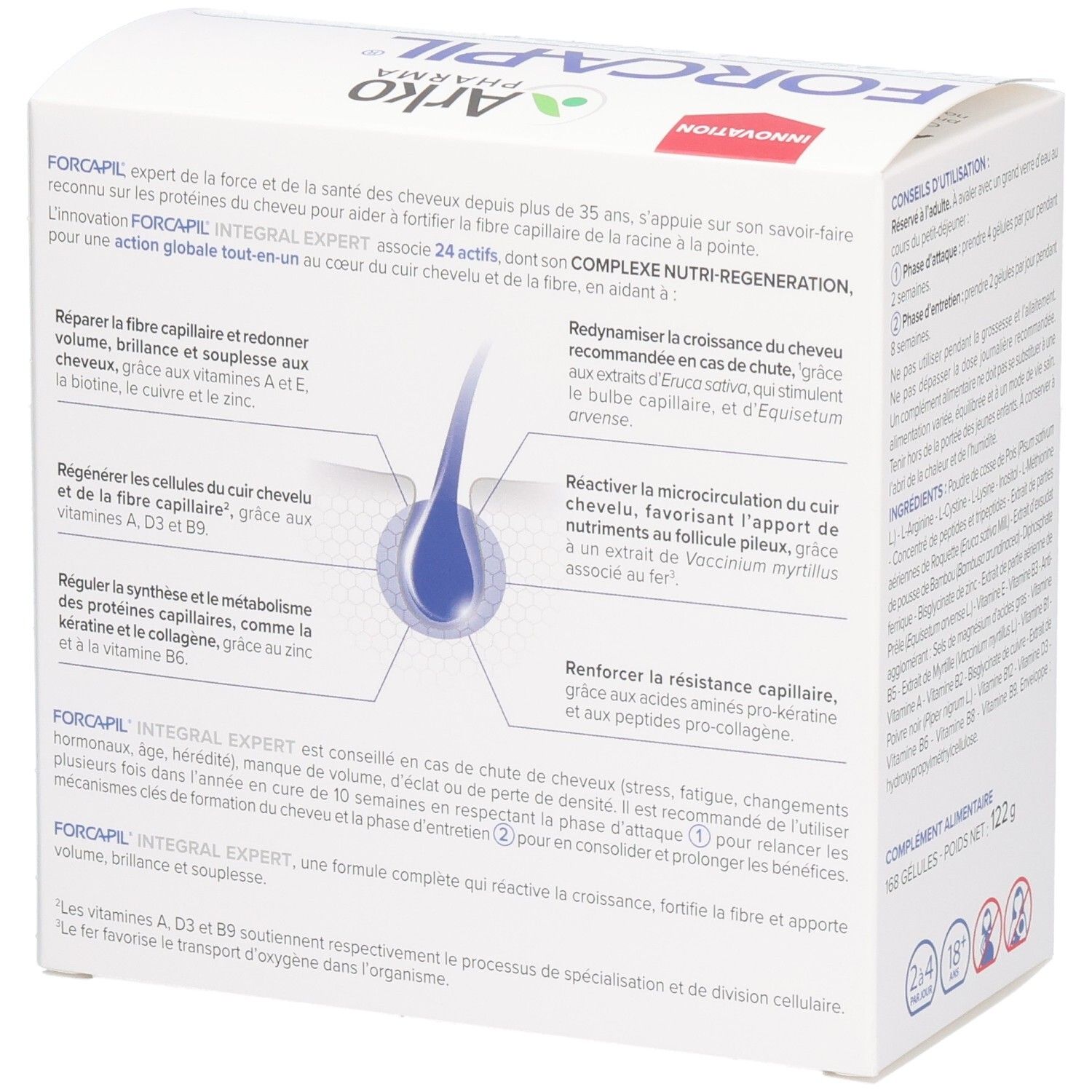 Côté de la boîte FORCAPIL INTEGRAL EXPERT. Informations sur l'action sur les cheveux et le cuir chevelu. Avec illustration de cheveux.