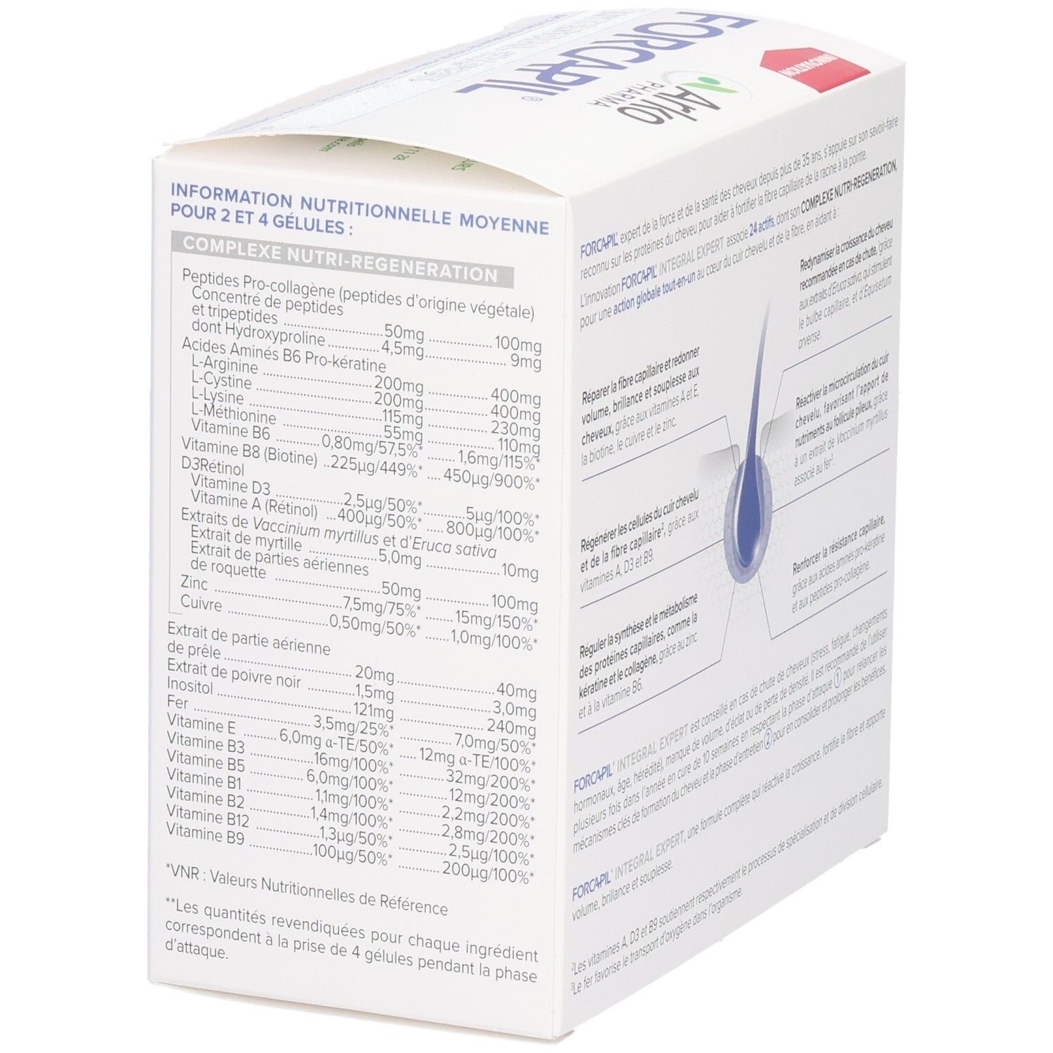 Détail de la boîte FORCAPIL INTEGRAL EXPERT. Contient un tableau nutritionnel avec ingrédients et quantités.