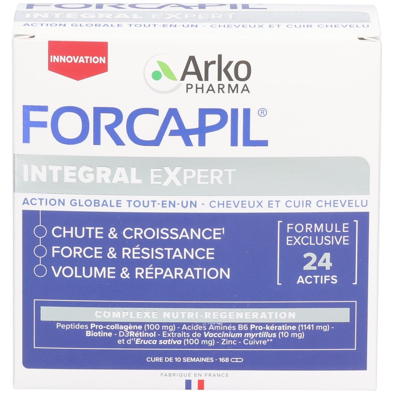 Boîte FORCAPIL INTEGRAL EXPERT. Blanche avec texte bleu. 24 actifs. Inscription : Chute & Croissance, Force & Résistance, Volume & Réparation.