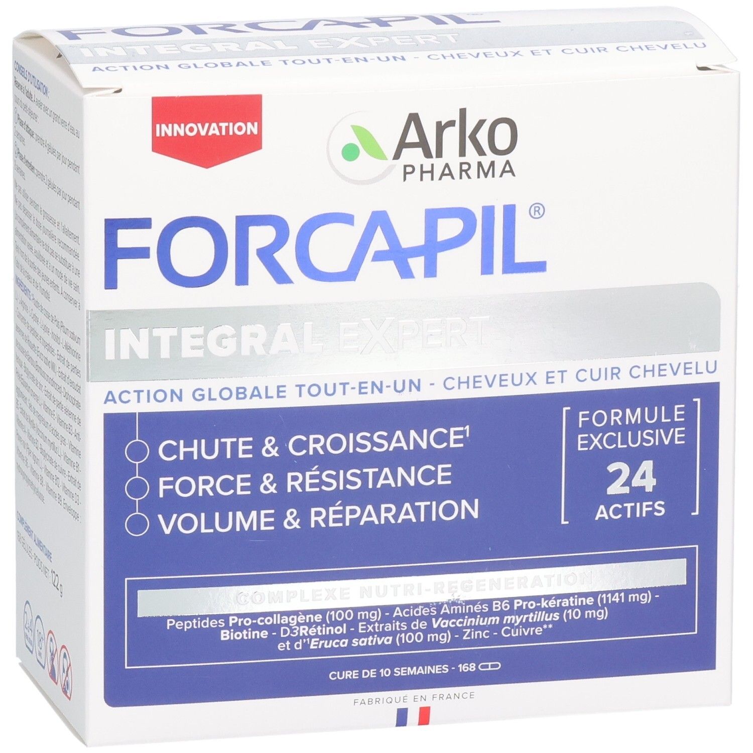 Boîte FORCAPIL INTEGRAL EXPERT. Blanche avec texte bleu. 24 actifs. Inscription : Chute & Croissance, Force & Résistance, Volume & Réparation.