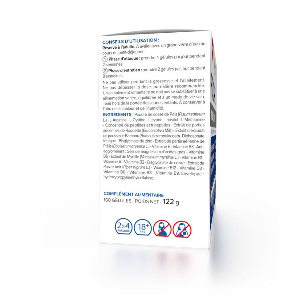 Vue latérale de la boîte Arko Pharma Forcapil® Intégral Expert avec conseils d'utilisation et liste des ingrédients.