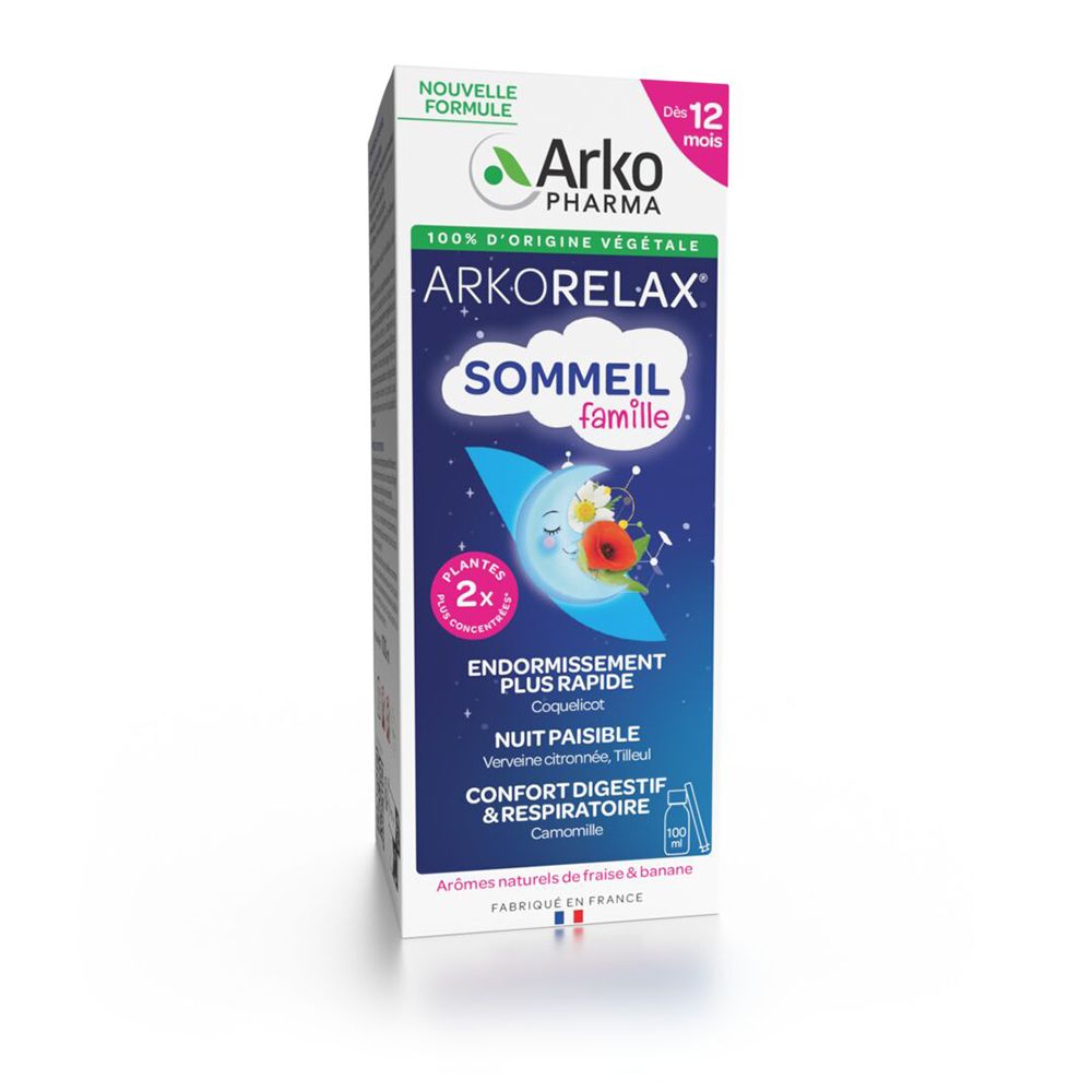 Arko Pharma Arkorelax® Sommeil Famille boîte en carton avec illustration de lune et de fleurs.