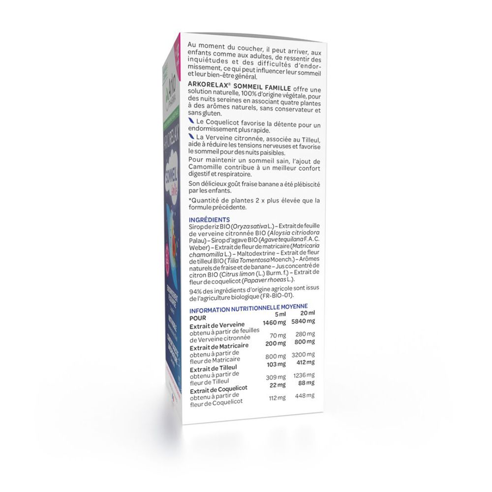 Arrière de la boîte Arko Pharma Arkorelax® Sommeil Famille avec ingrédients et informations nutritionnelles.