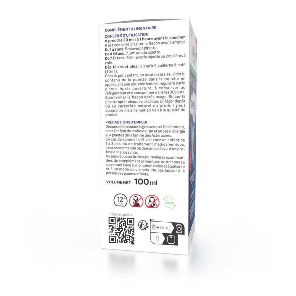 Côté de la boîte Arko Pharma Arkorelax® Sommeil Famille avec conseils d'utilisation et volume.