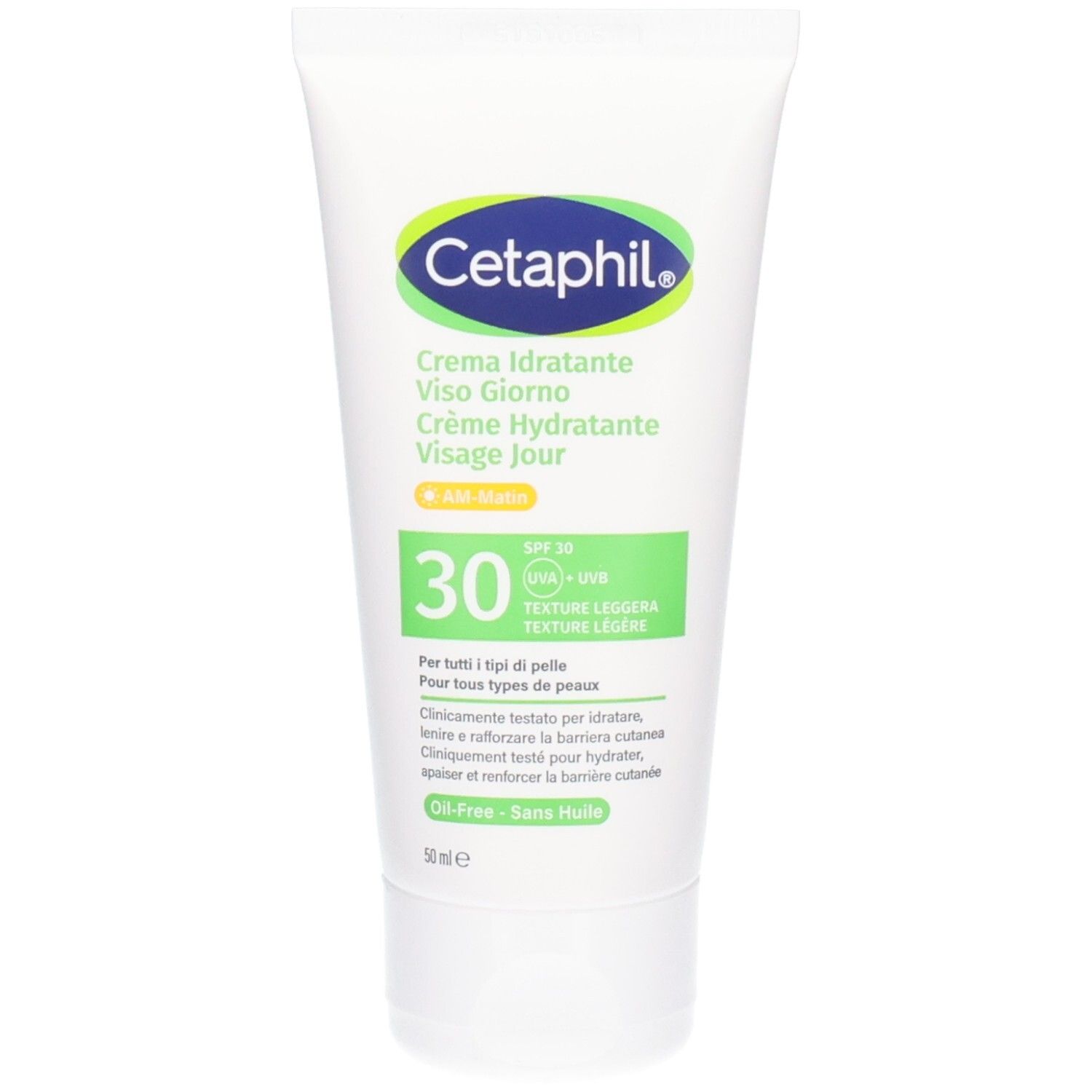 Tube blanche avec étiquette verte et bleue. Texte : CETAPHIL, Crème Hydratante Visage Jour, SPF 30. Sans huile.