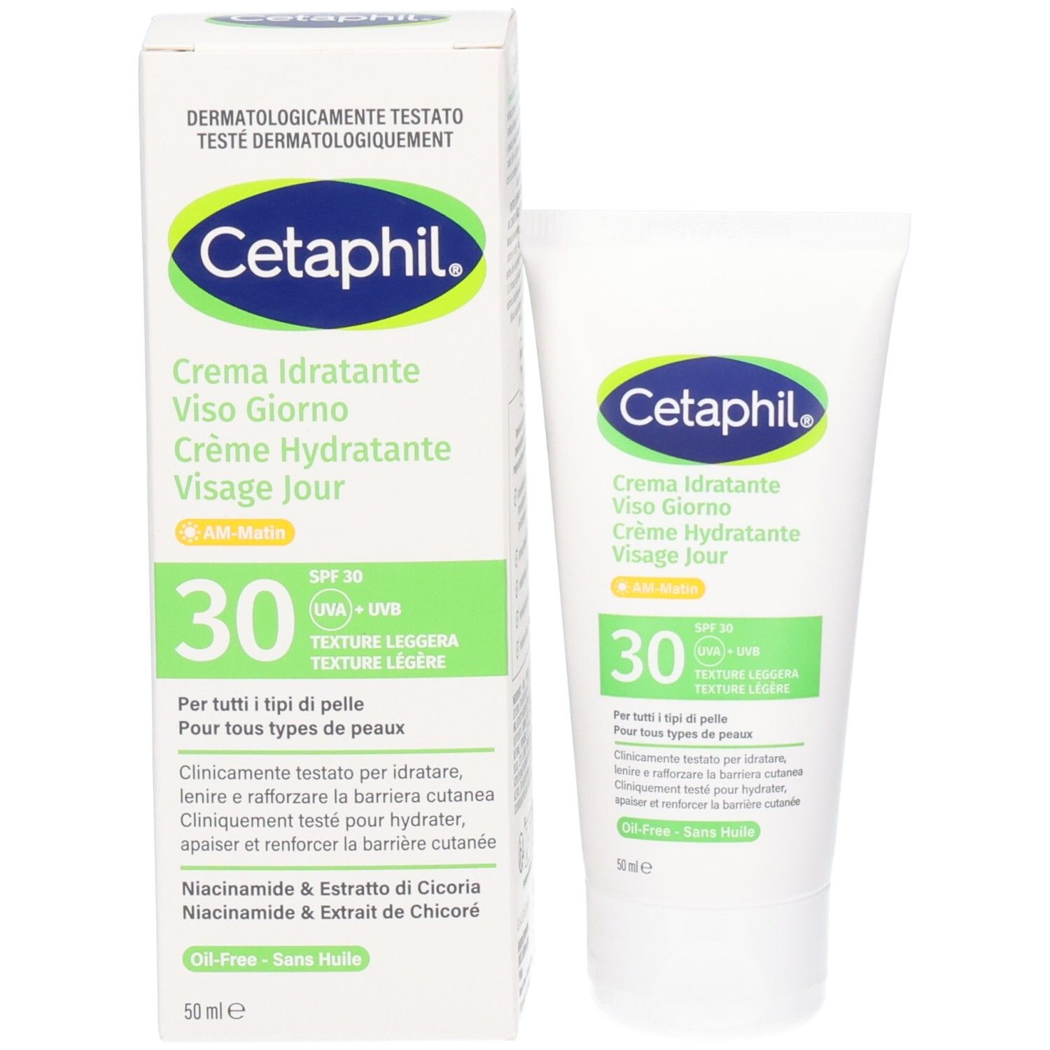Emballage du produit : boîte et tube. Boîte : CETAPHIL, Crème Hydratante Visage Jour, SPF 30. Tube : identique.