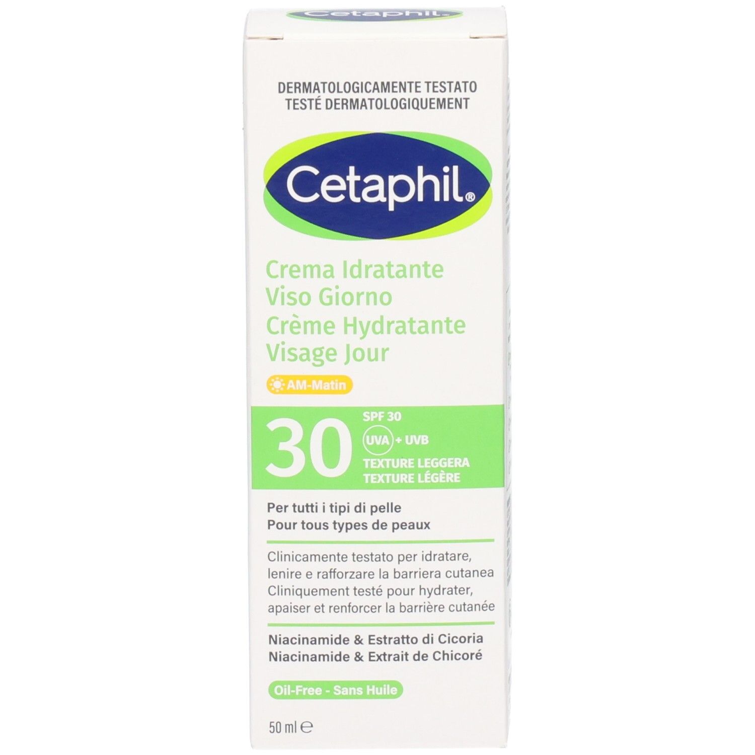 Boîte blanche avec étiquette verte et bleue. Texte : CETAPHIL, Crème Hydratante Visage Jour, SPF 30. Testé dermatologiquement.
