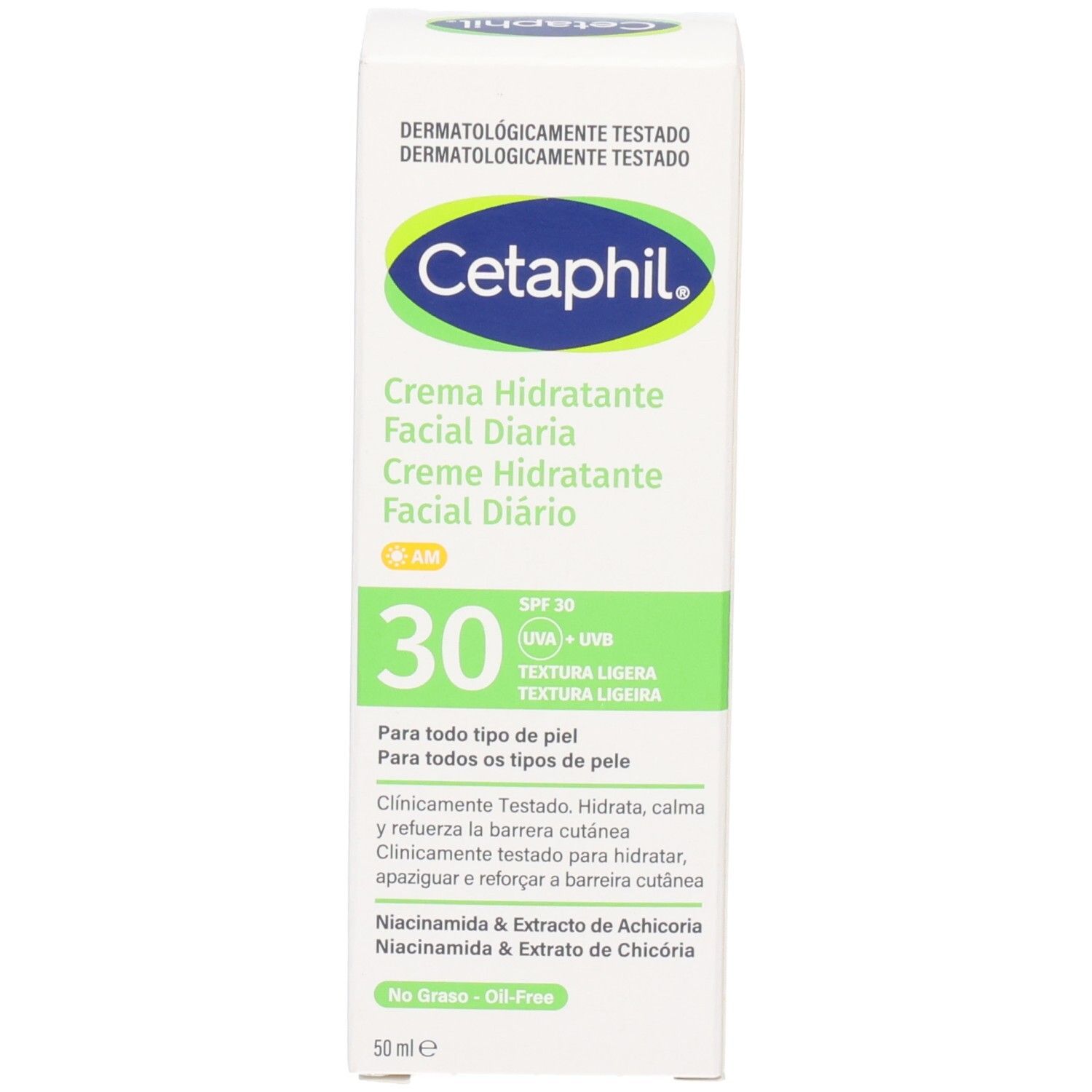 Boîte blanche avec étiquette verte et bleue. Texte : CETAPHIL, Crème Hydratante Facial Diaria, SPF 30. Testé dermatologiquement.
