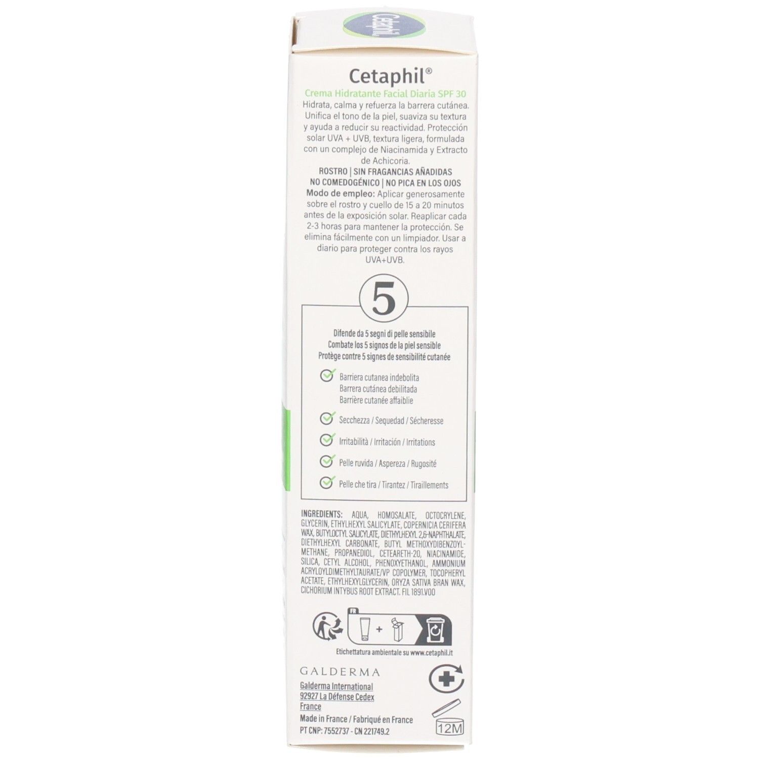 Dos de l'emballage du produit. Texte multilingue. Informations sur l'utilisation et les ingrédients. Certifications.
