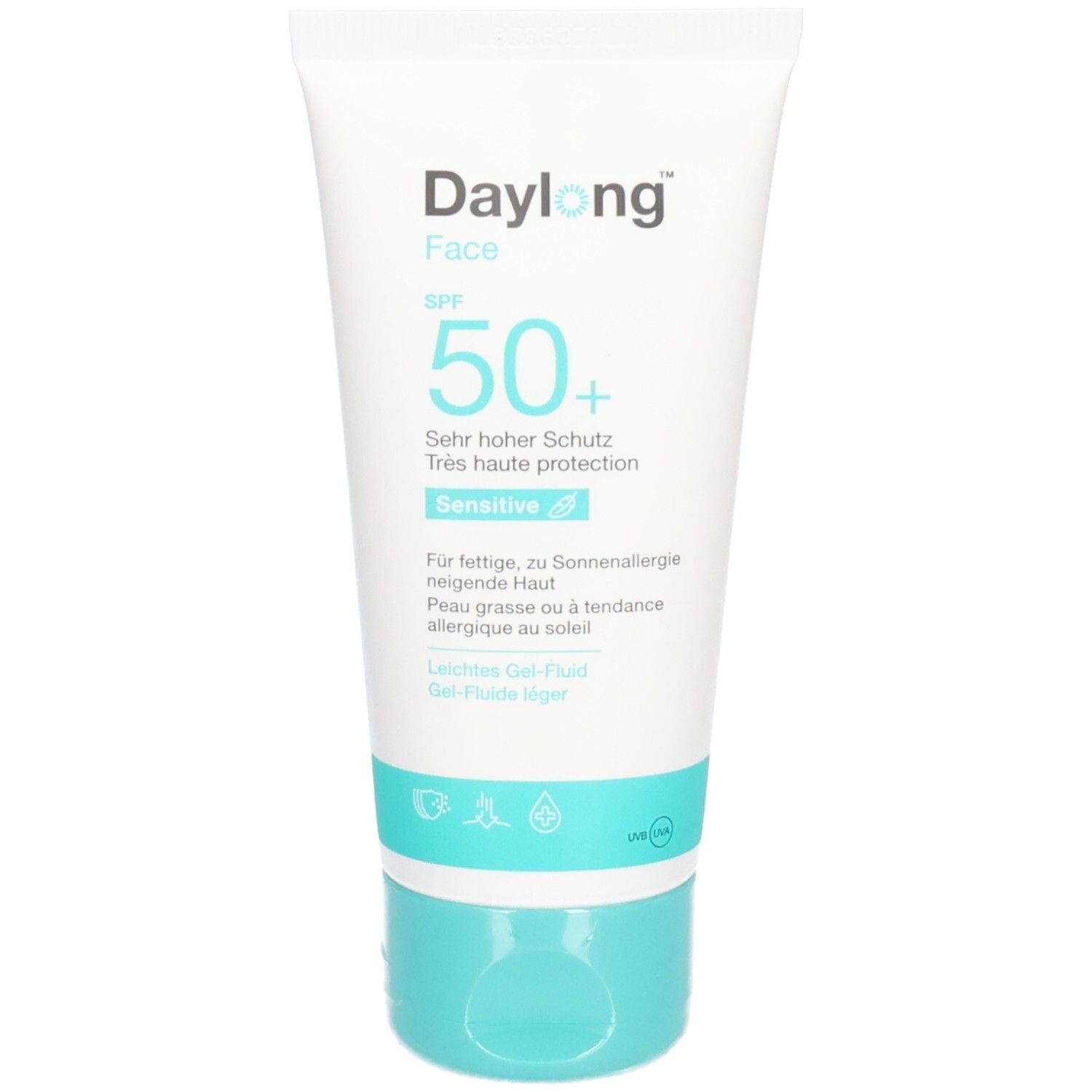 Tube blanc avec bouchon turquoise. Inscription: Daylong Face SPF 50+. Texte en allemand et français.