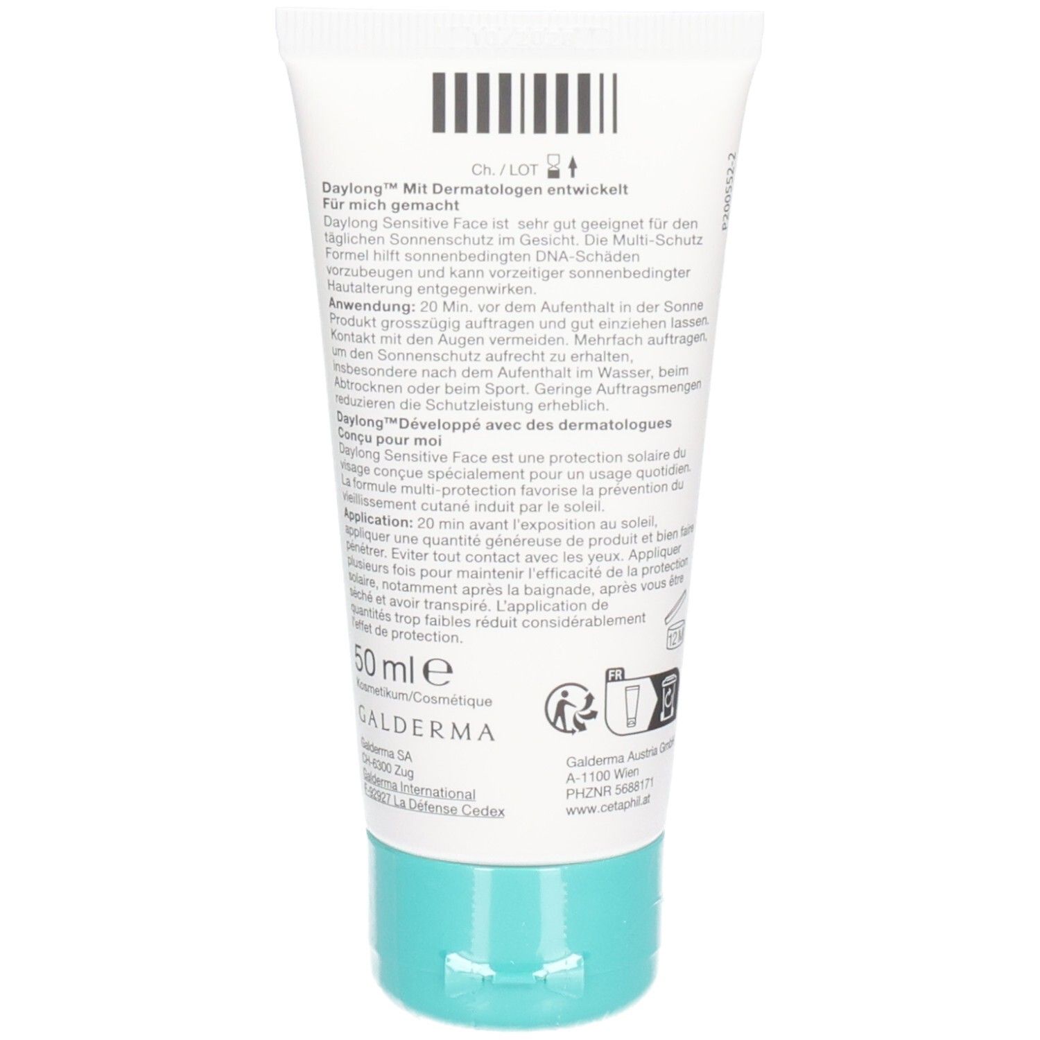 Dos du tube. Texte en allemand et français. Code-barres et informations du fabricant.