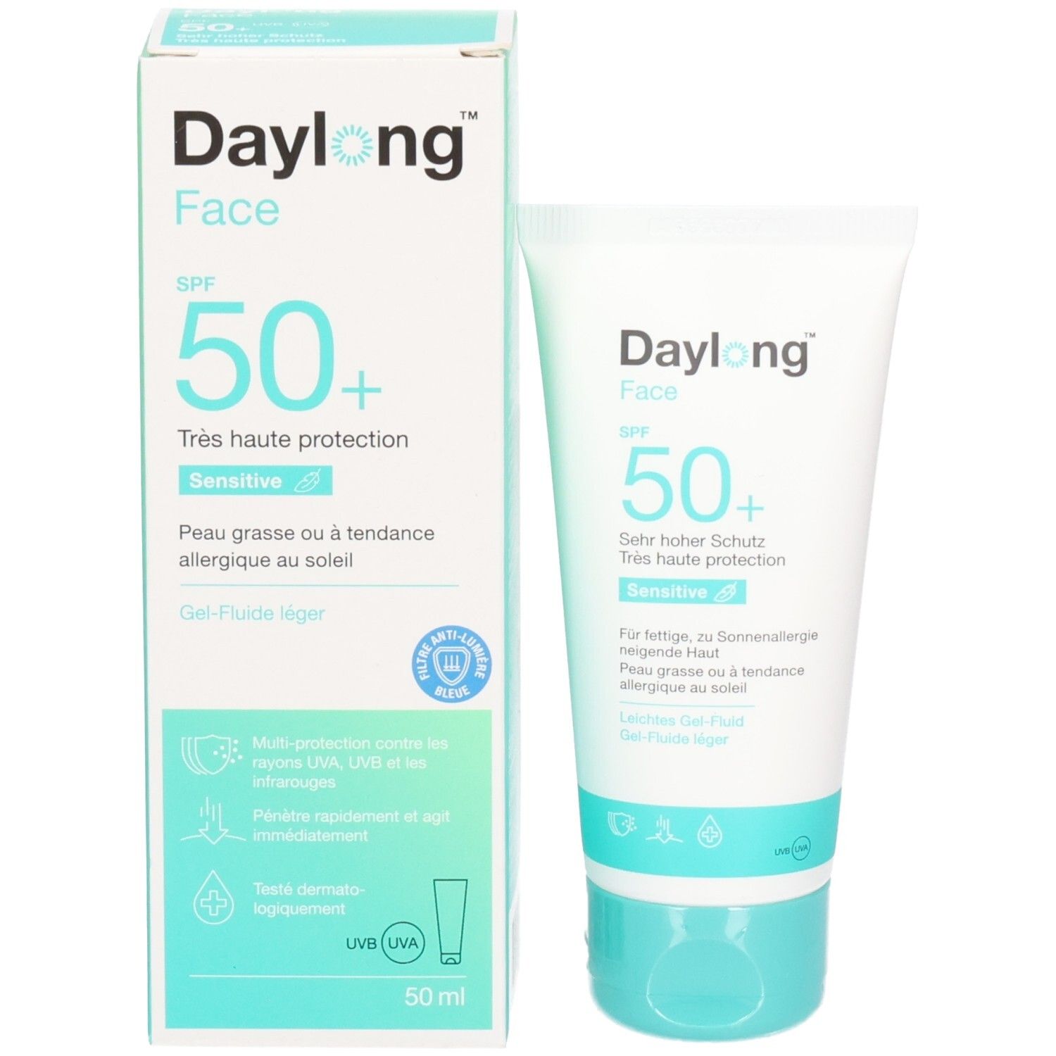 Emballage et tube du produit. Emballage : blanc, turquoise. Inscription : Daylong Face SPF 50+. Texte en allemand et français.