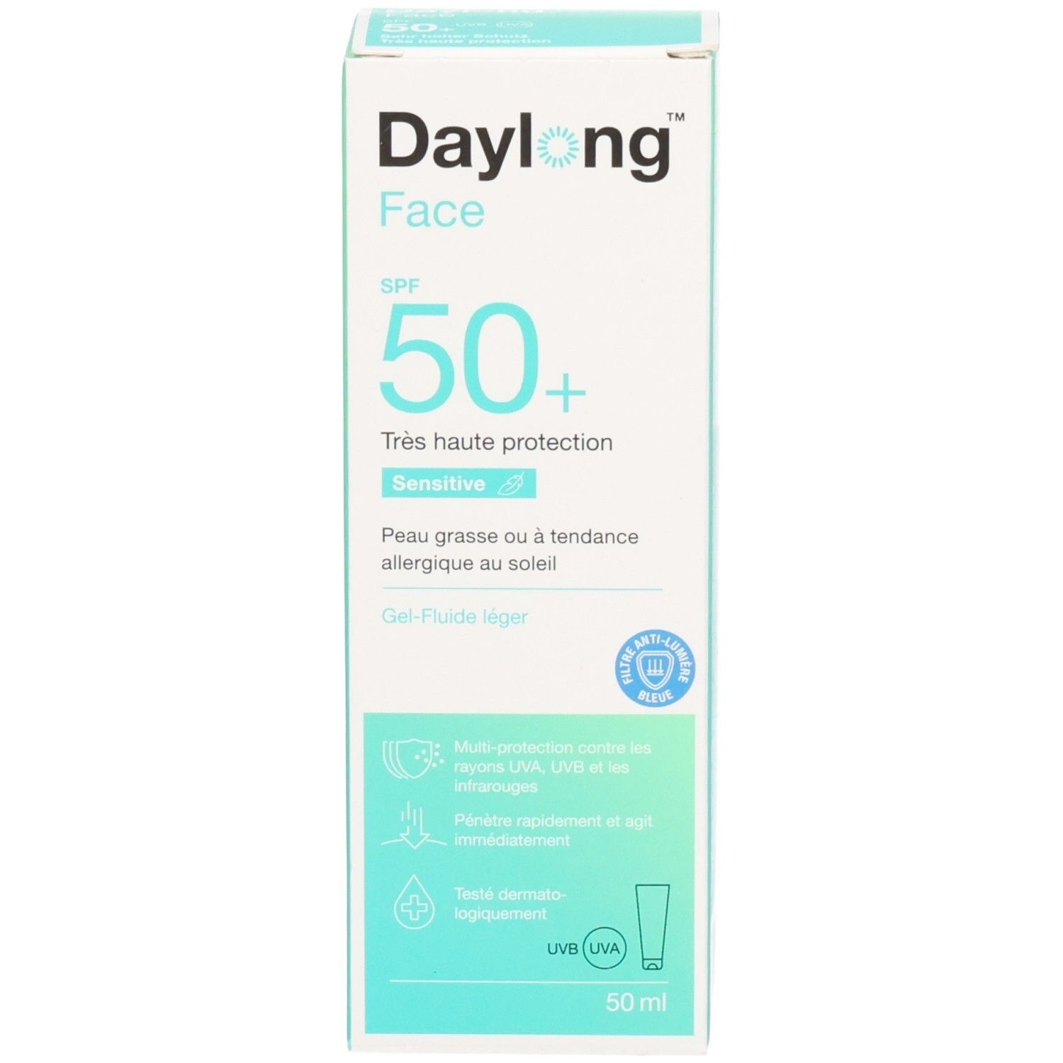 Emballage du produit. Blanc, turquoise. Inscription : Daylong Face SPF 50+. Texte en allemand et français. 50 ml.