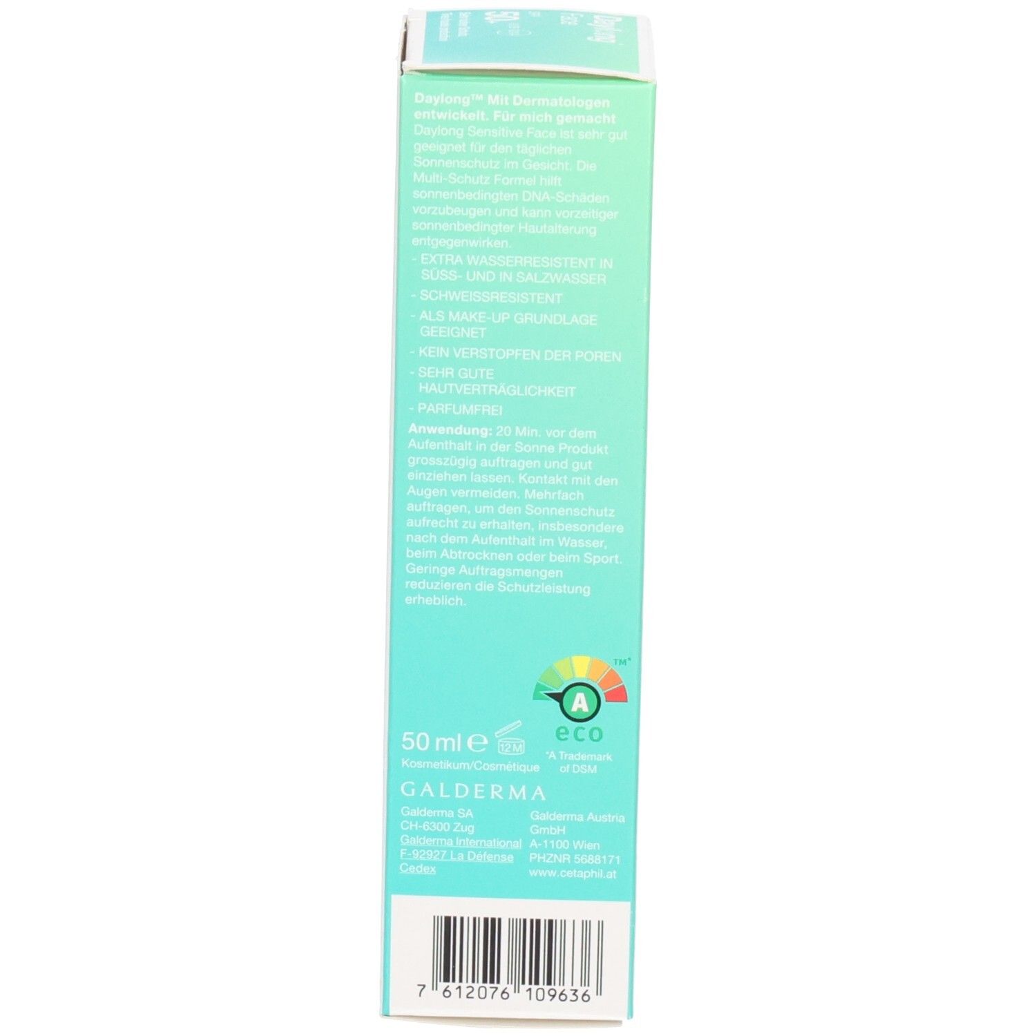 Dos de l'emballage du produit. Texte en allemand et français. Informations du fabricant. 50 ml. Écolabel.