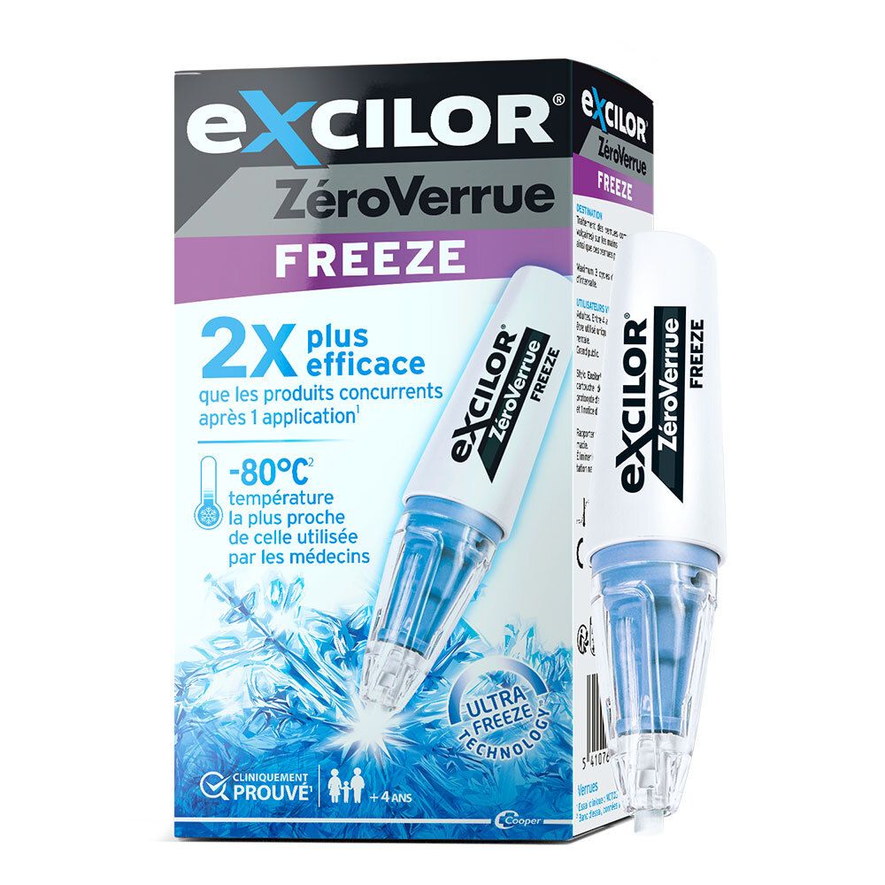Emballage et applicateur d'Excilor ZéroVerrue Freeze, produit de cryothérapie.