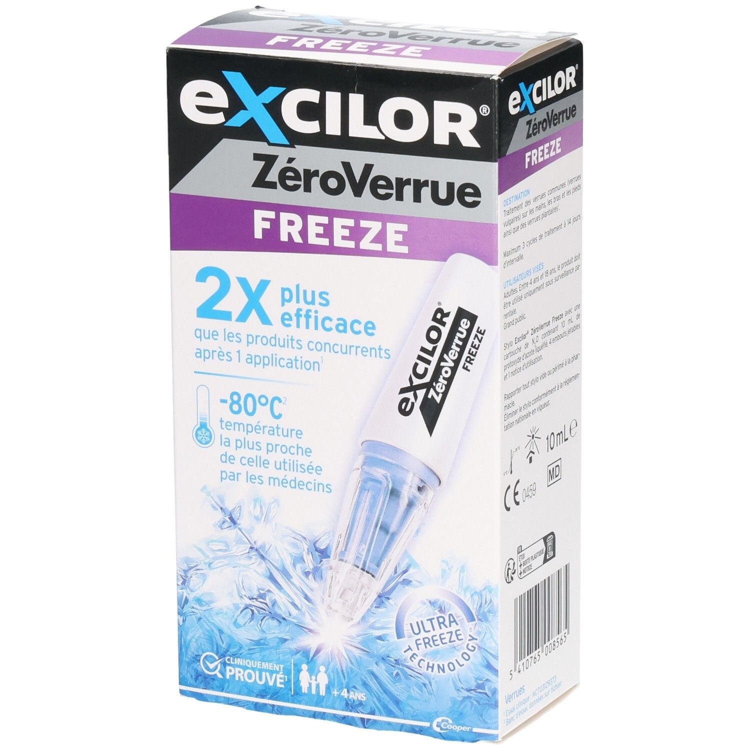 Boîte EXCILOR ZéroVerrue FREEZE. Produit et applicateur visibles. Texte: 2x plus efficace, -80°C, Ultra Freeze Technology.