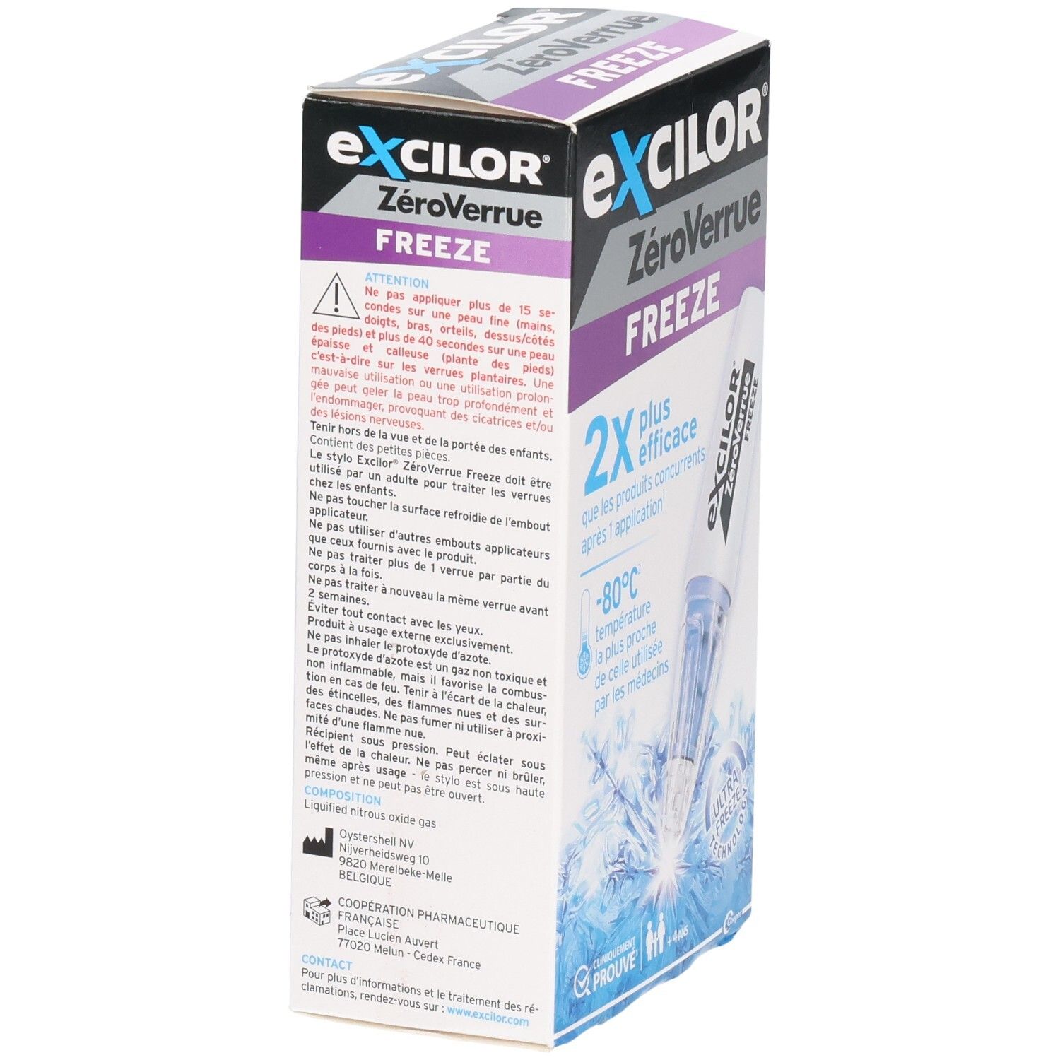Vue latérale de la boîte EXCILOR ZéroVerrue FREEZE. Texte: Consignes de sécurité, mode d'emploi, ingrédients, coordonnées.