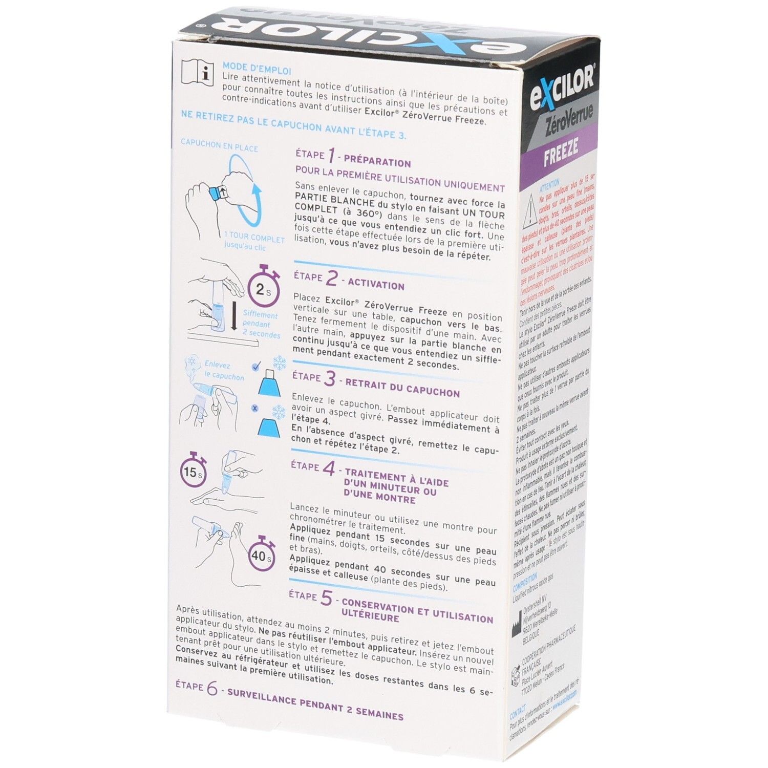 Dos de la boîte EXCILOR ZéroVerrue FREEZE. Illustrations: étapes d'utilisation. Texte: Mode d'emploi, application.