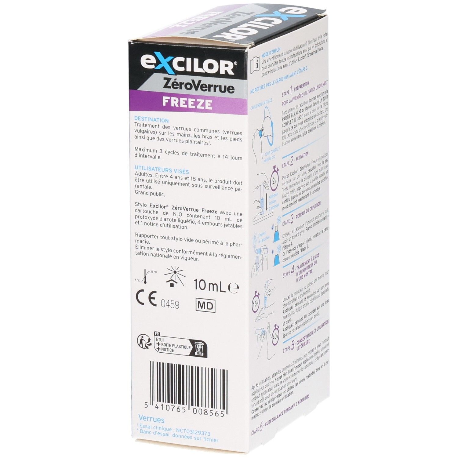 Vue latérale de la boîte EXCILOR ZéroVerrue FREEZE. Texte: Destination, utilisateurs, volume, marquage CE, code-barres.