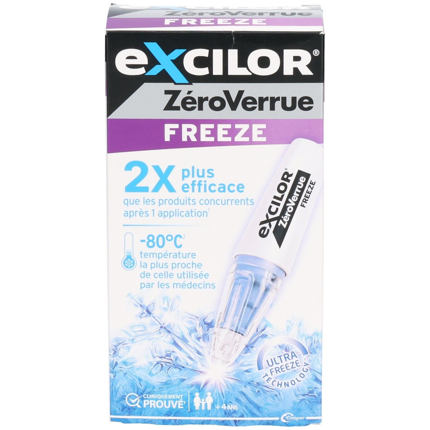 Boîte EXCILOR ZéroVerrue FREEZE. Produit et applicateur visibles. Texte: 2x plus efficace, -80°C, Ultra Freeze Technology.