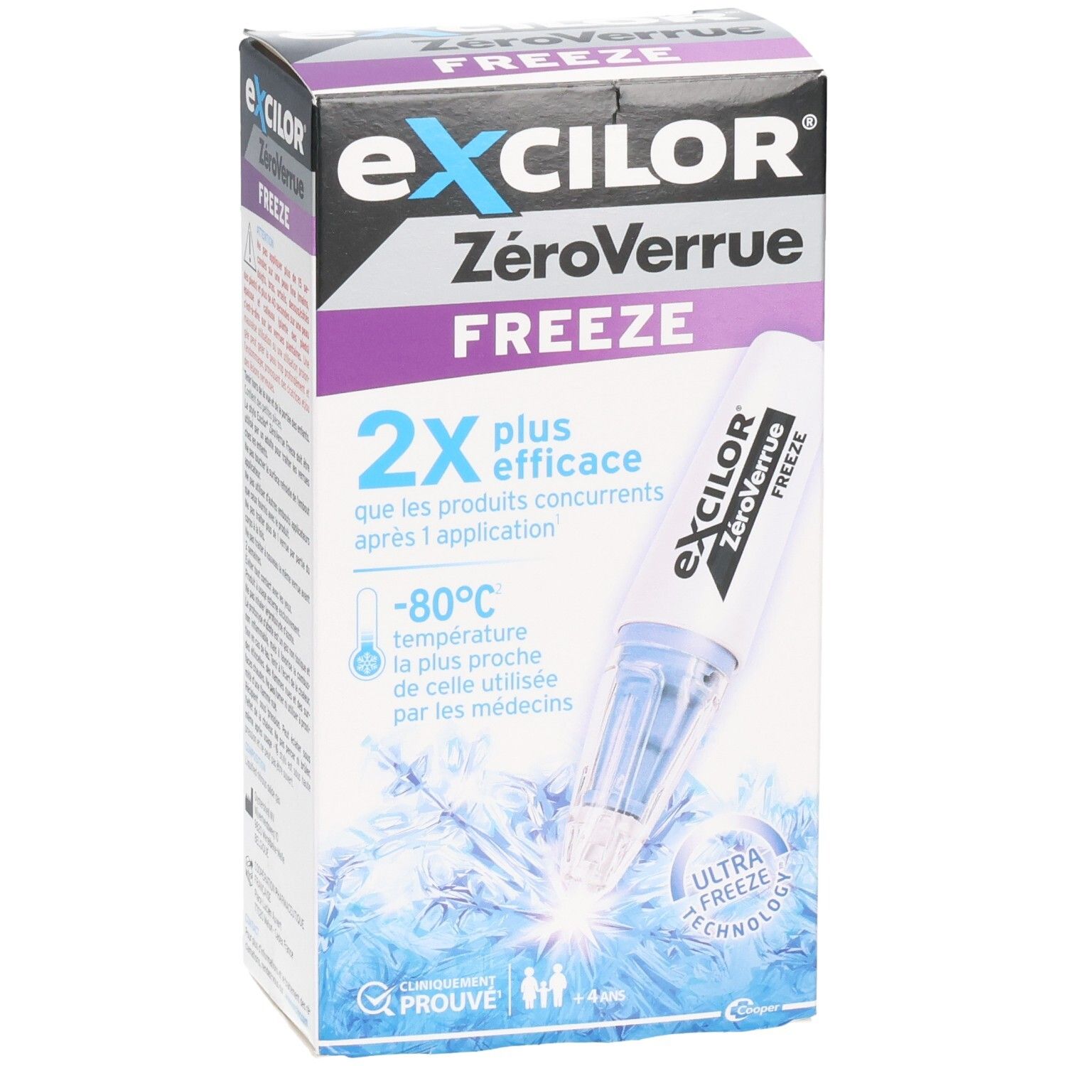 Boîte EXCILOR ZéroVerrue FREEZE. Produit et applicateur visibles. Texte: 2x plus efficace, -80°C, Ultra Freeze Technology.