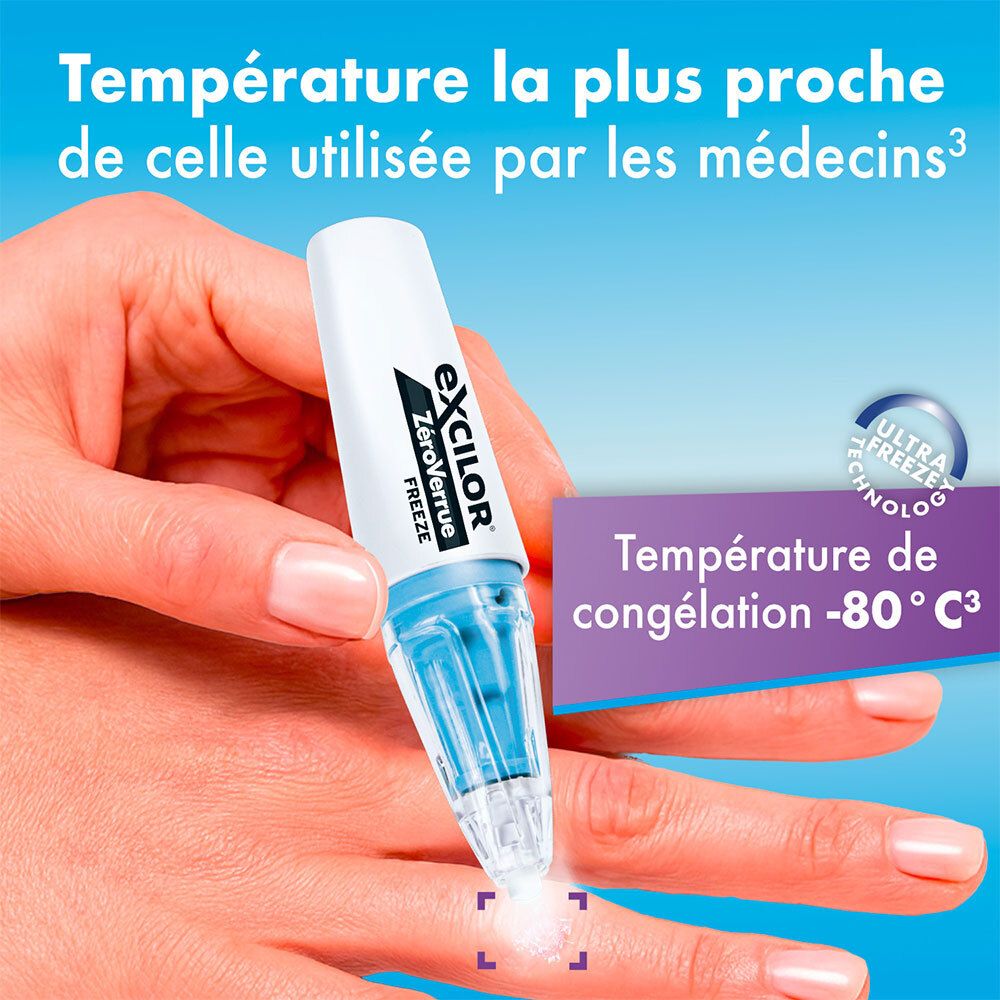 Main tenant l'applicateur Excilor ZéroVerrue Freeze pour cryothérapie à -80°C.