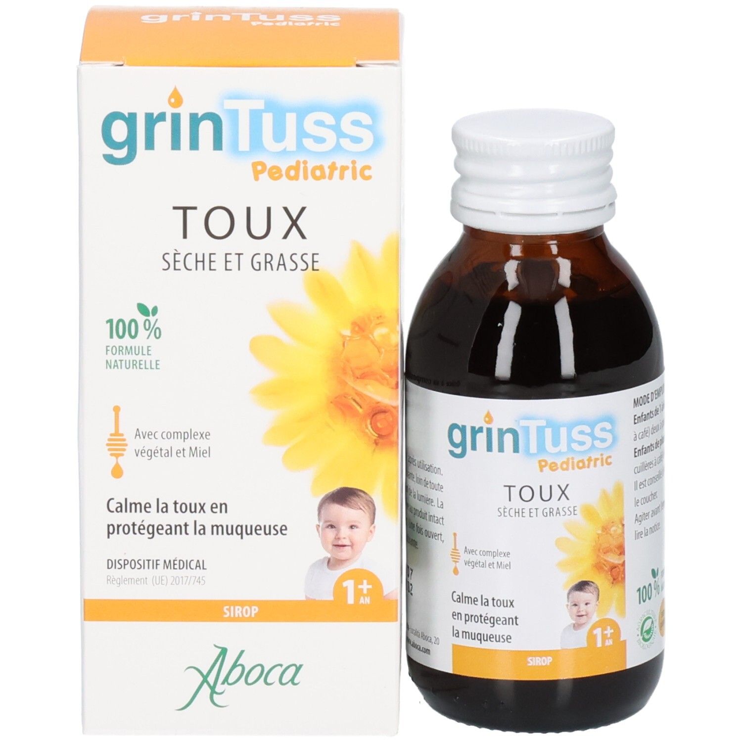 Emballage du produit : boîte en carton et bouteille de sirop foncé. L'étiquette indique "grintuss Pediatric", "Toux", "100% formule naturelle".