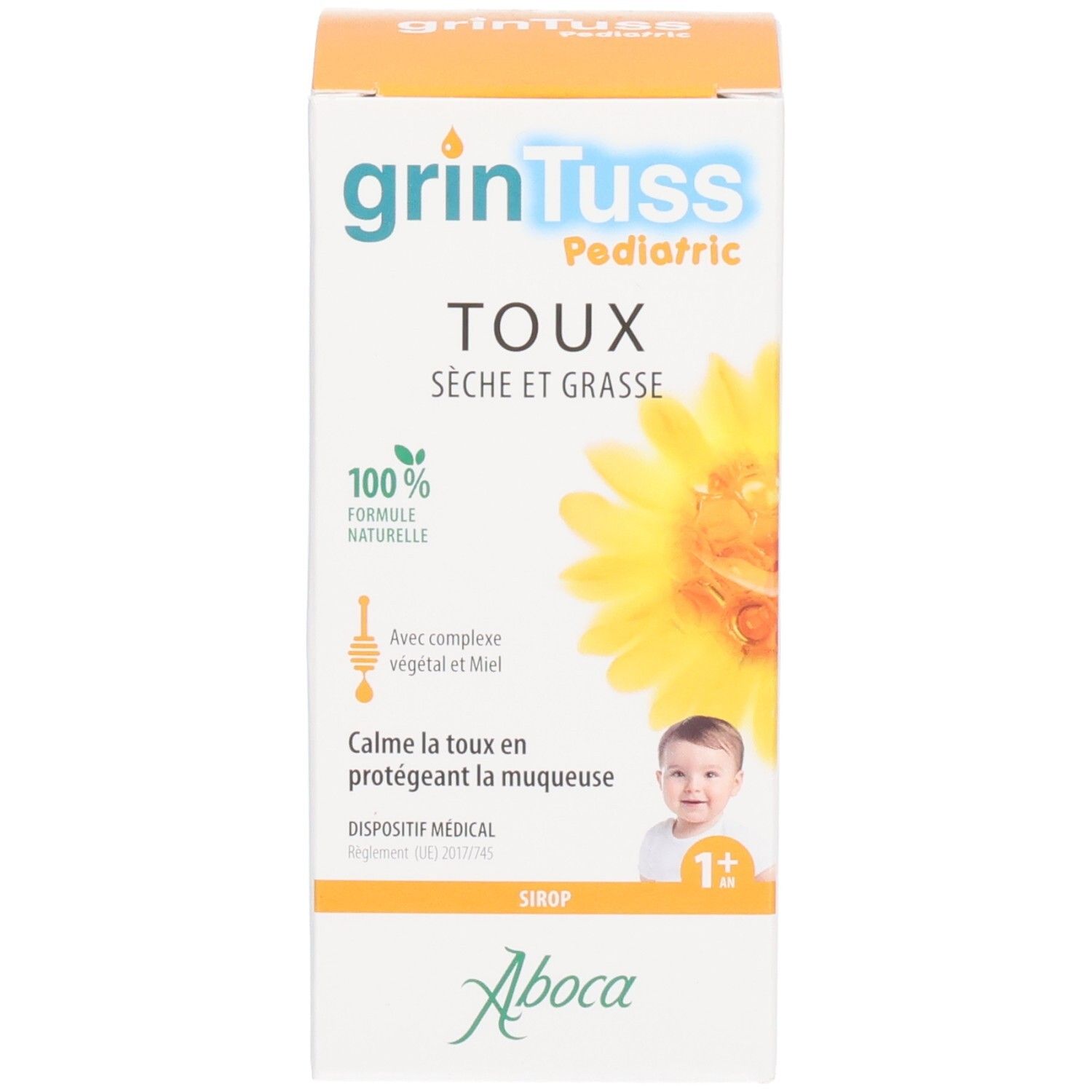 Emballage du produit : boîte avec logo "grintuss Pediatric", "Toux", "100% formule naturelle" et image d'un bébé.