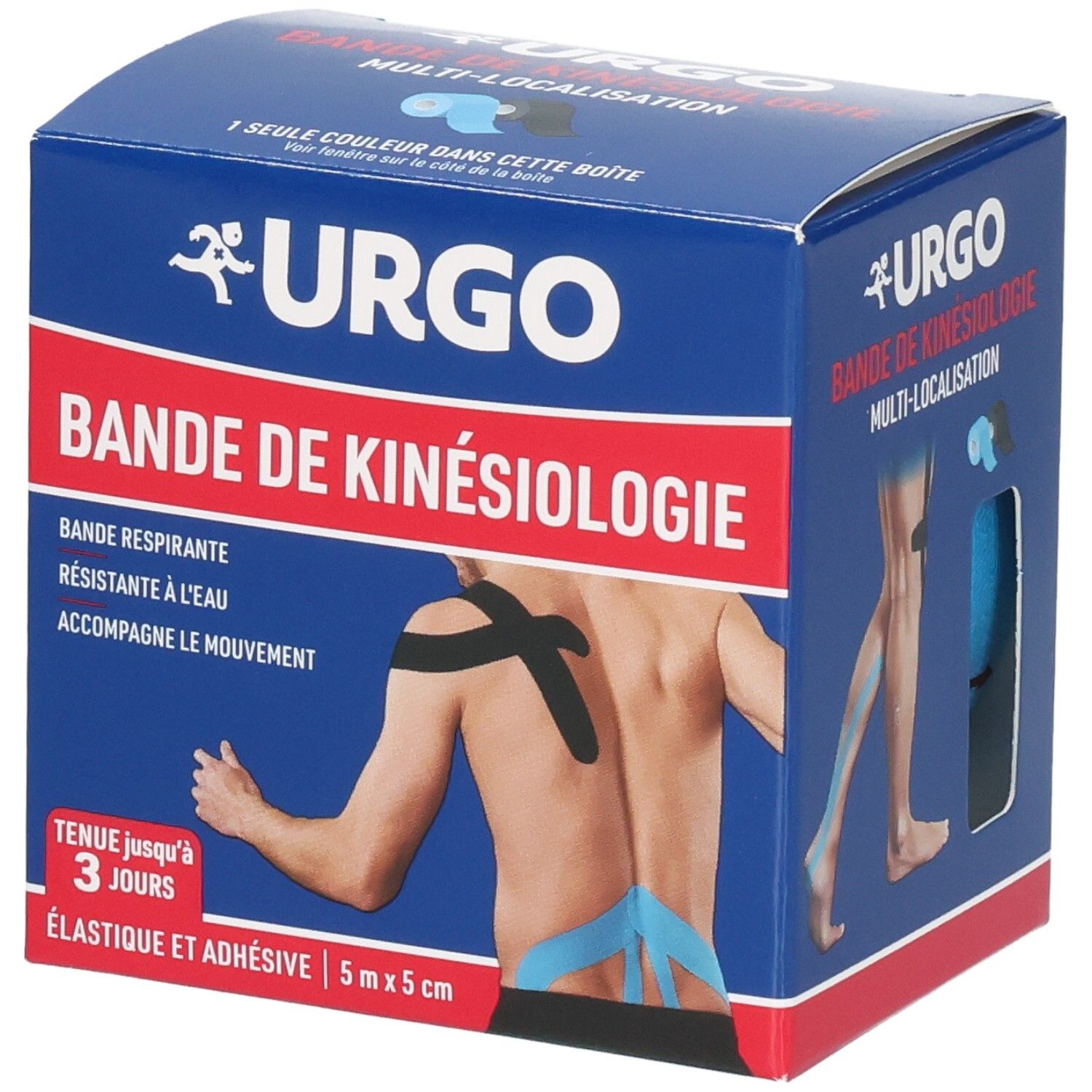 Boîte de Kinesiology Tape URGO avec illustrations d'application sur épaule, dos et jambe.