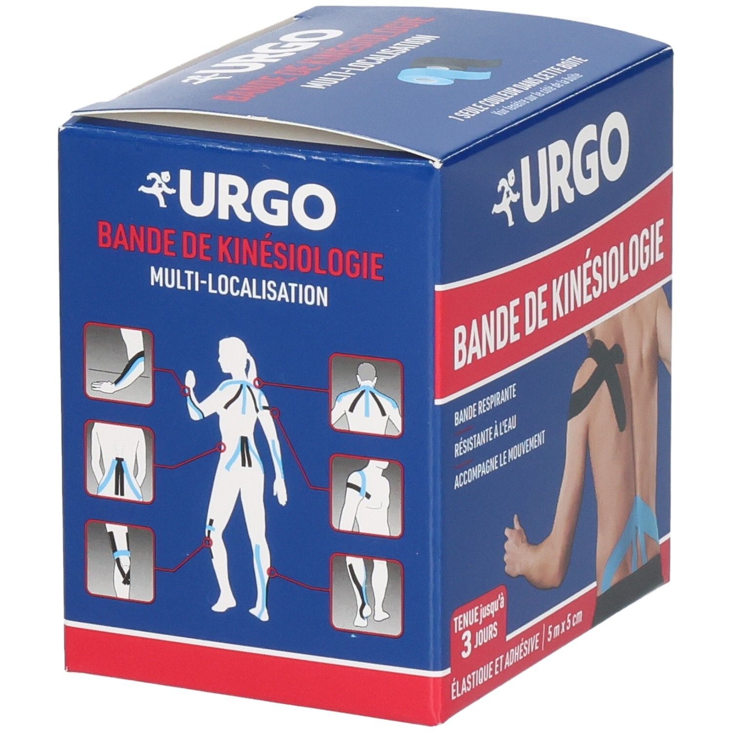 Boîte de Kinesiology Tape URGO avec schémas d'application sur différentes parties du corps.
