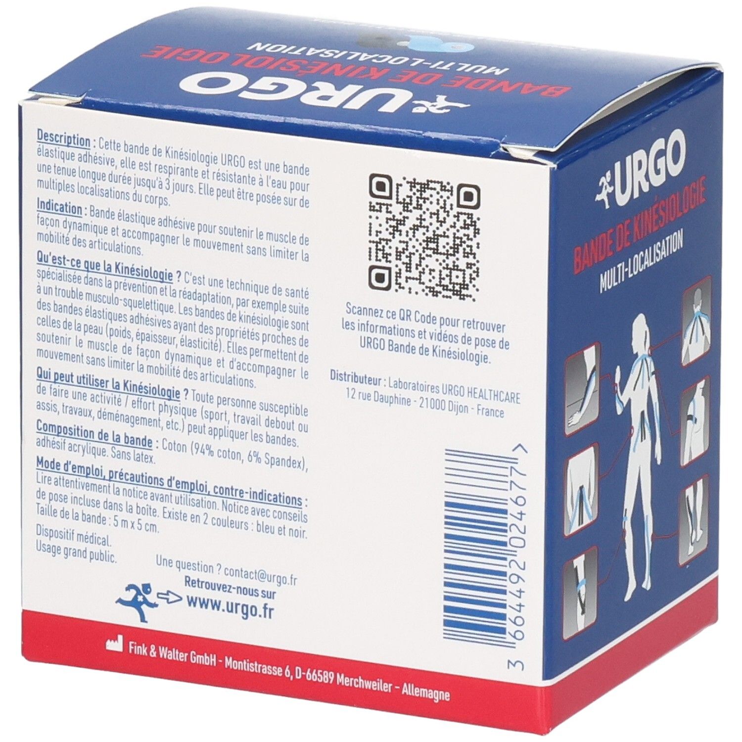 Arrière de la boîte de Kinesiology Tape URGO avec QR code et instructions d'utilisation.