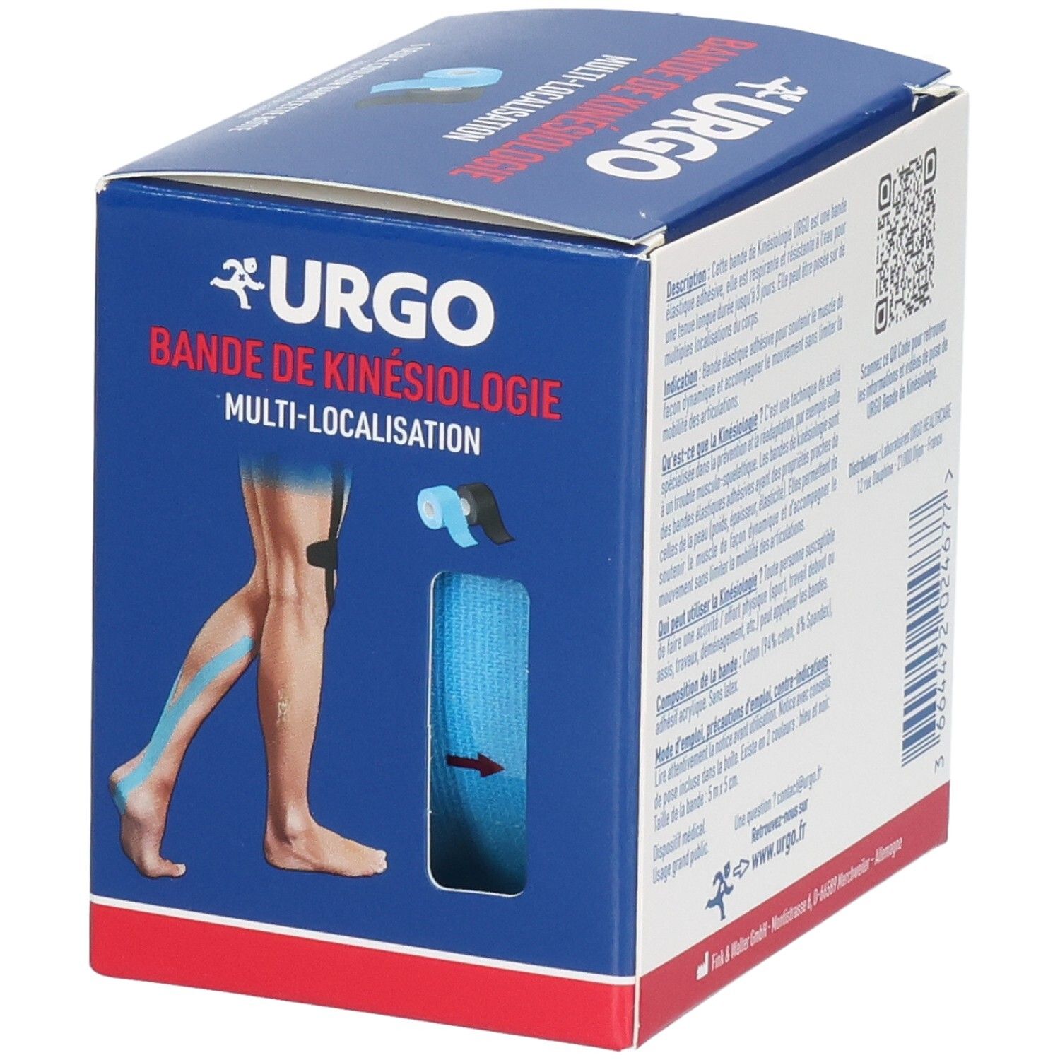 Boîte de Kinesiology Tape URGO avec illustration d'application sur la jambe et un rouleau de tape.