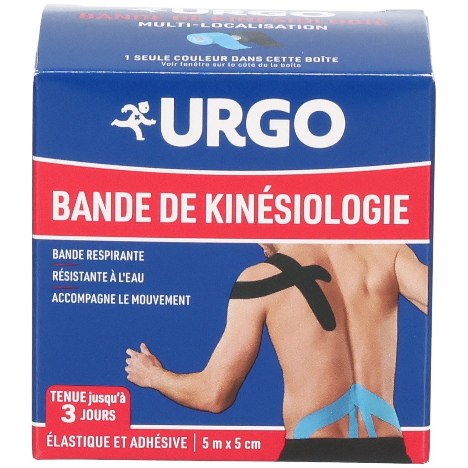 Boîte de Kinesiology Tape URGO avec illustration d'un homme portant du tape sur l'épaule et le dos.