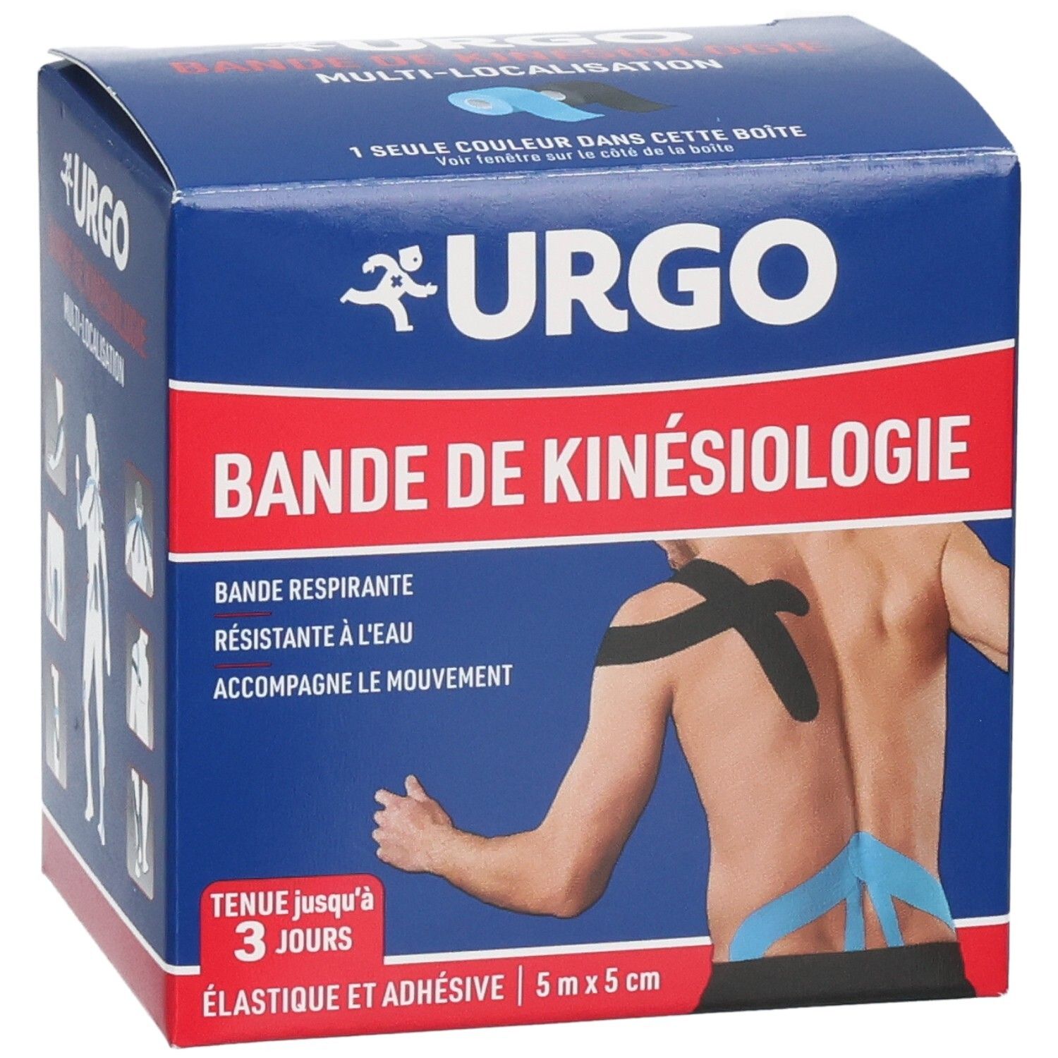 Boîte de Kinesiology Tape URGO avec illustration d'un homme portant du tape sur l'épaule et le dos.