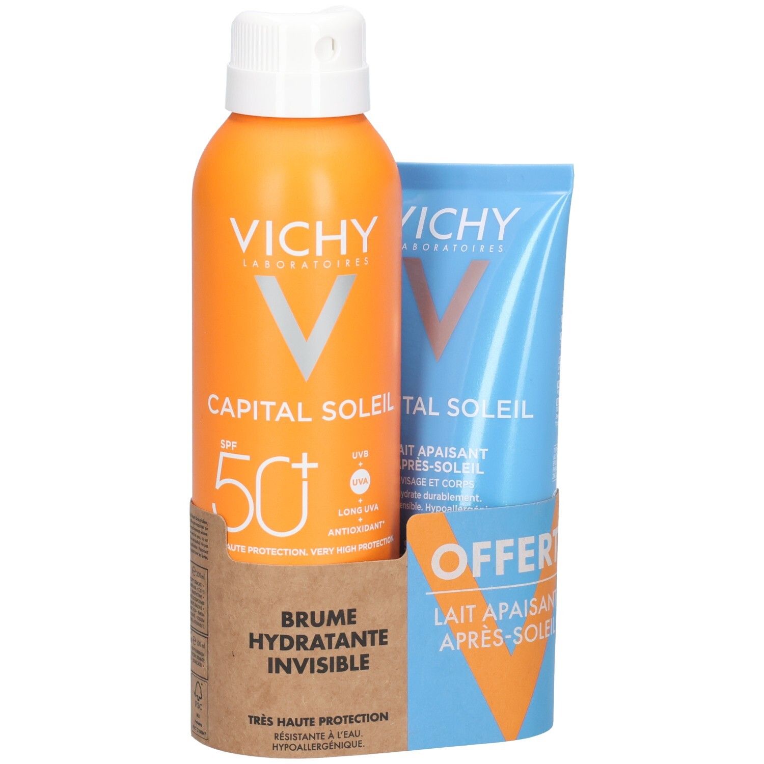 Ensemble de protection solaire avec flacon spray orange et tube bleu. Les deux portent le logo Vichy et l'inscription CAPITAL SOLEIL.