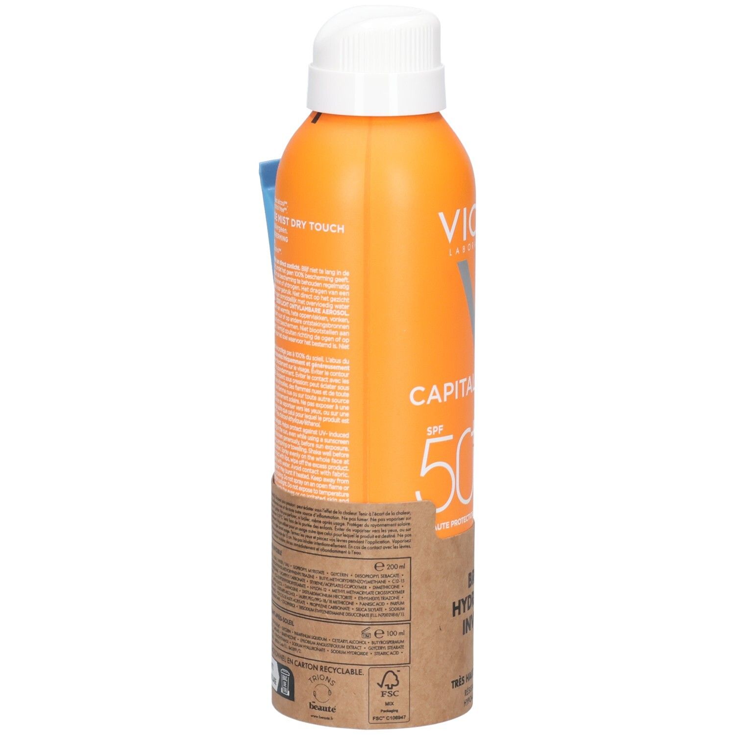 Flacon spray orange avec bouchon blanc. Inscription CAPITAL SOLEIL SPF 50+ et logo Vichy. Texte au dos.