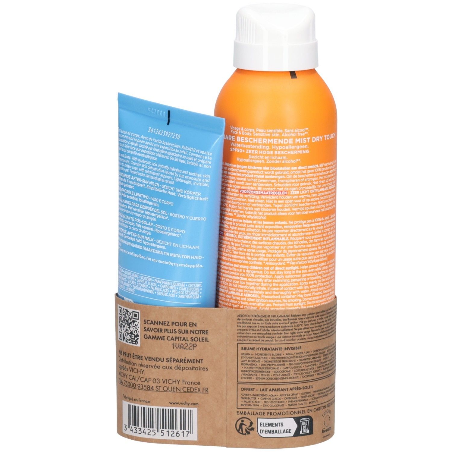 Dos du coffret de protection solaire. Tube bleu et flacon spray orange dans une boîte. Code QR et texte.