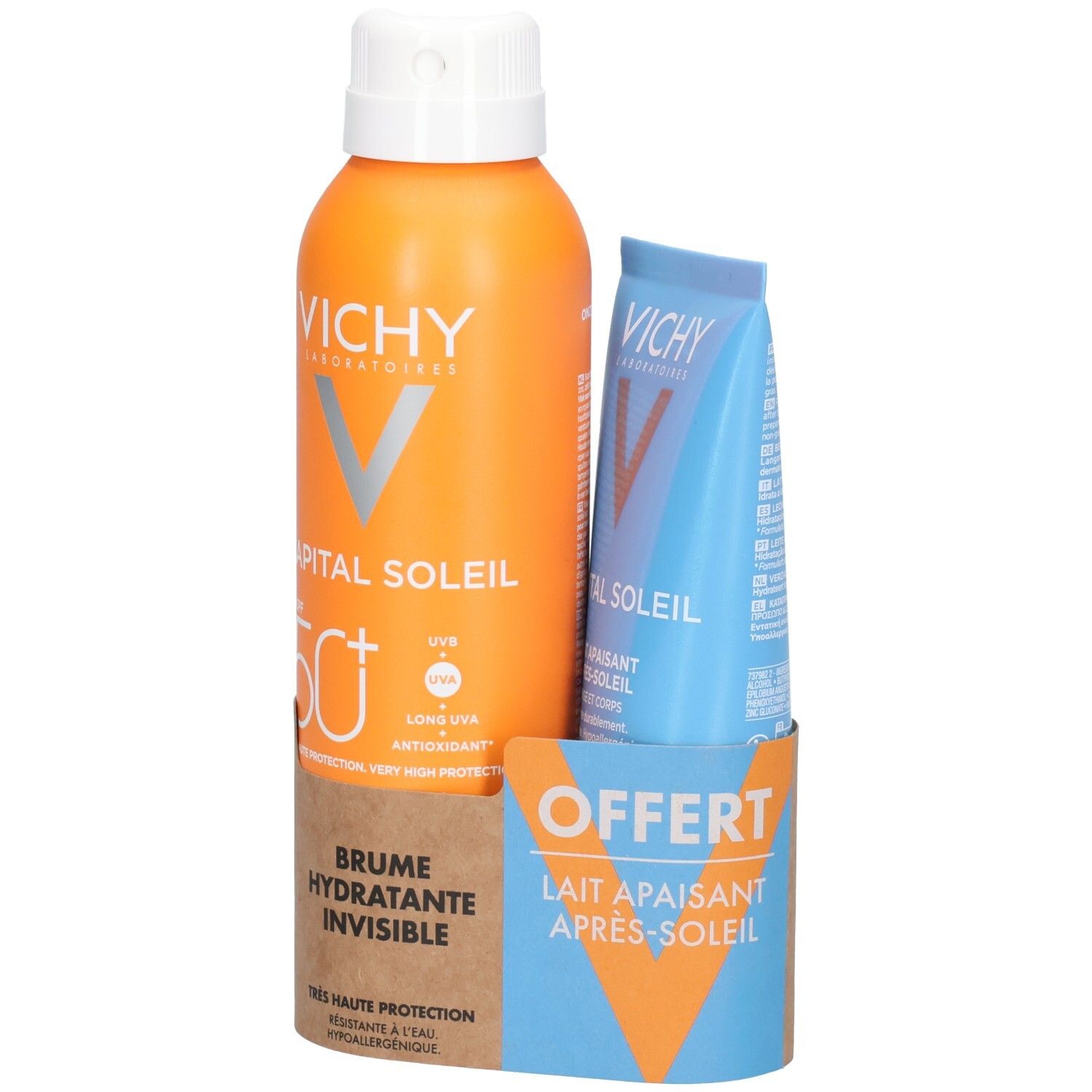 Ensemble de protection solaire avec flacon spray orange et tube bleu. Les deux portent le logo Vichy et CAPITAL SOLEIL. Inscription OFFERT.