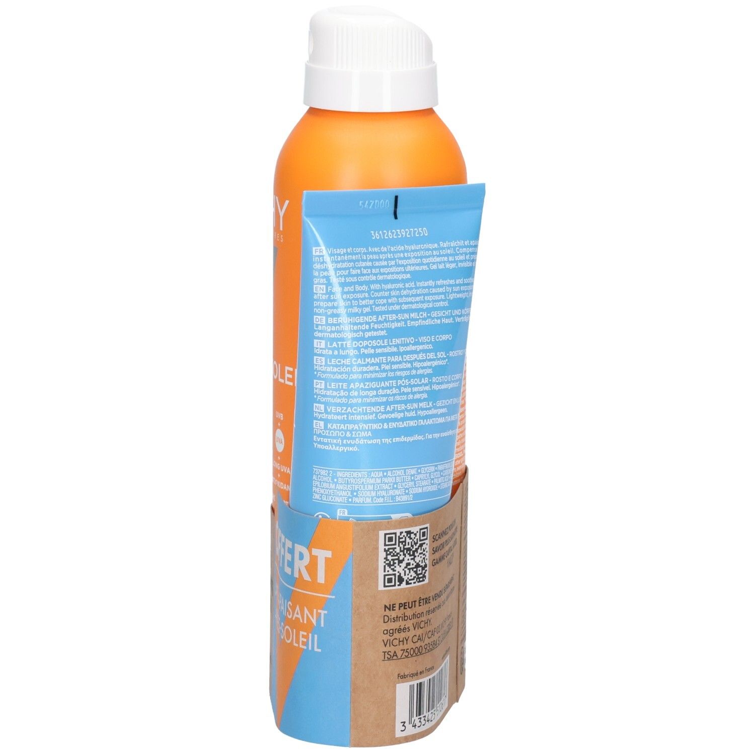 Dos du coffret de protection solaire. Tube bleu et flacon spray orange dans une boîte. Code QR et texte. Inscription OFFERT.