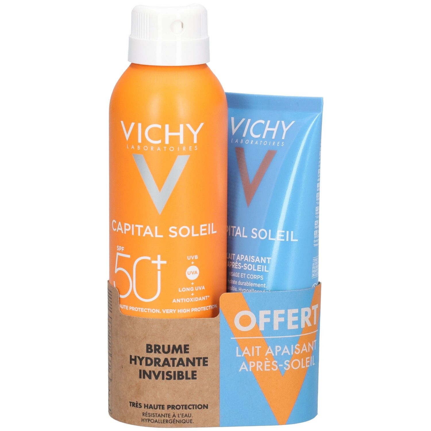 Ensemble de protection solaire avec flacon spray orange et tube bleu. Les deux portent le logo Vichy et CAPITAL SOLEIL. Inscription OFFERT.