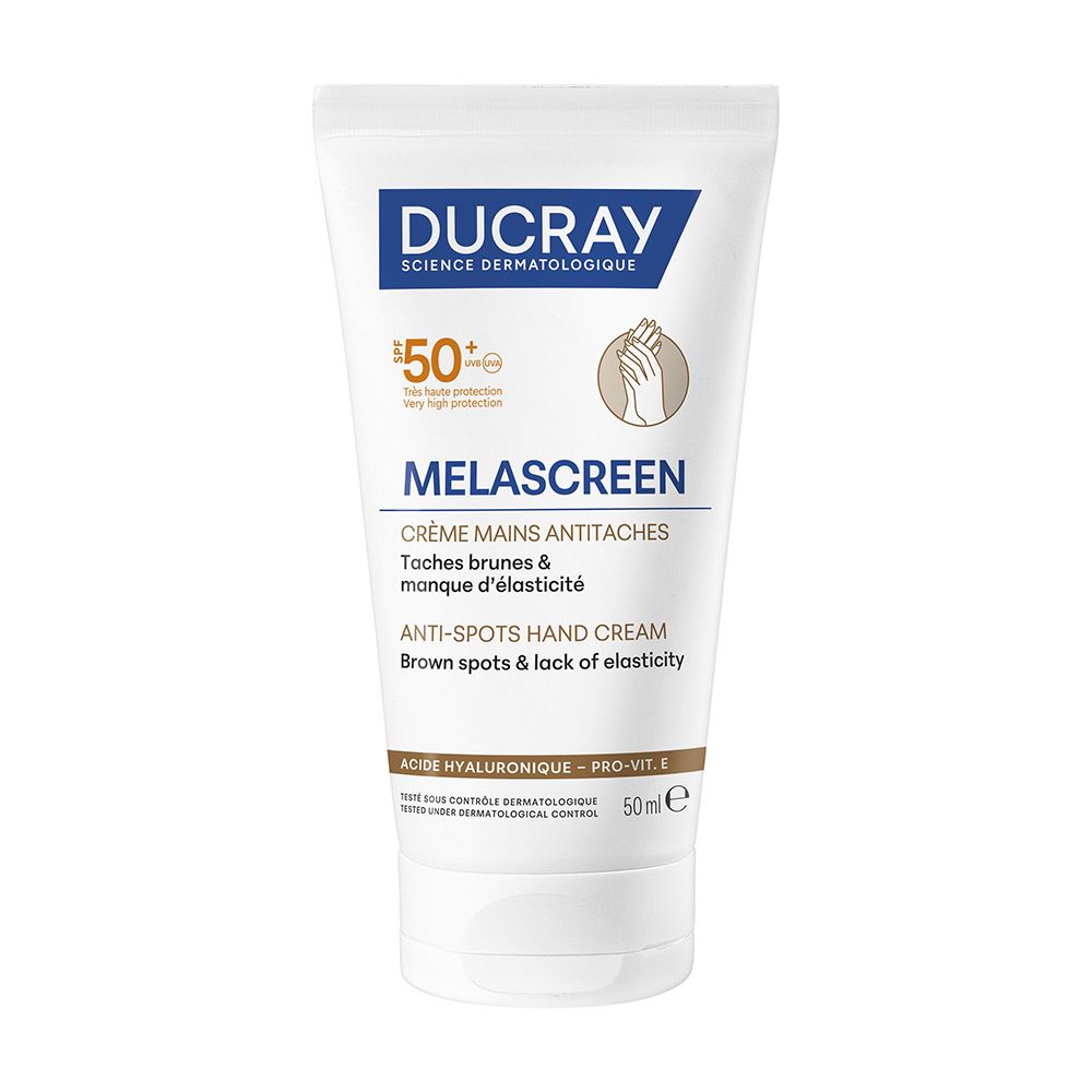 Ducray Melascreen Crème mains anti-taches SPF50+ contre les taches brunes et le manque d'élasticité.